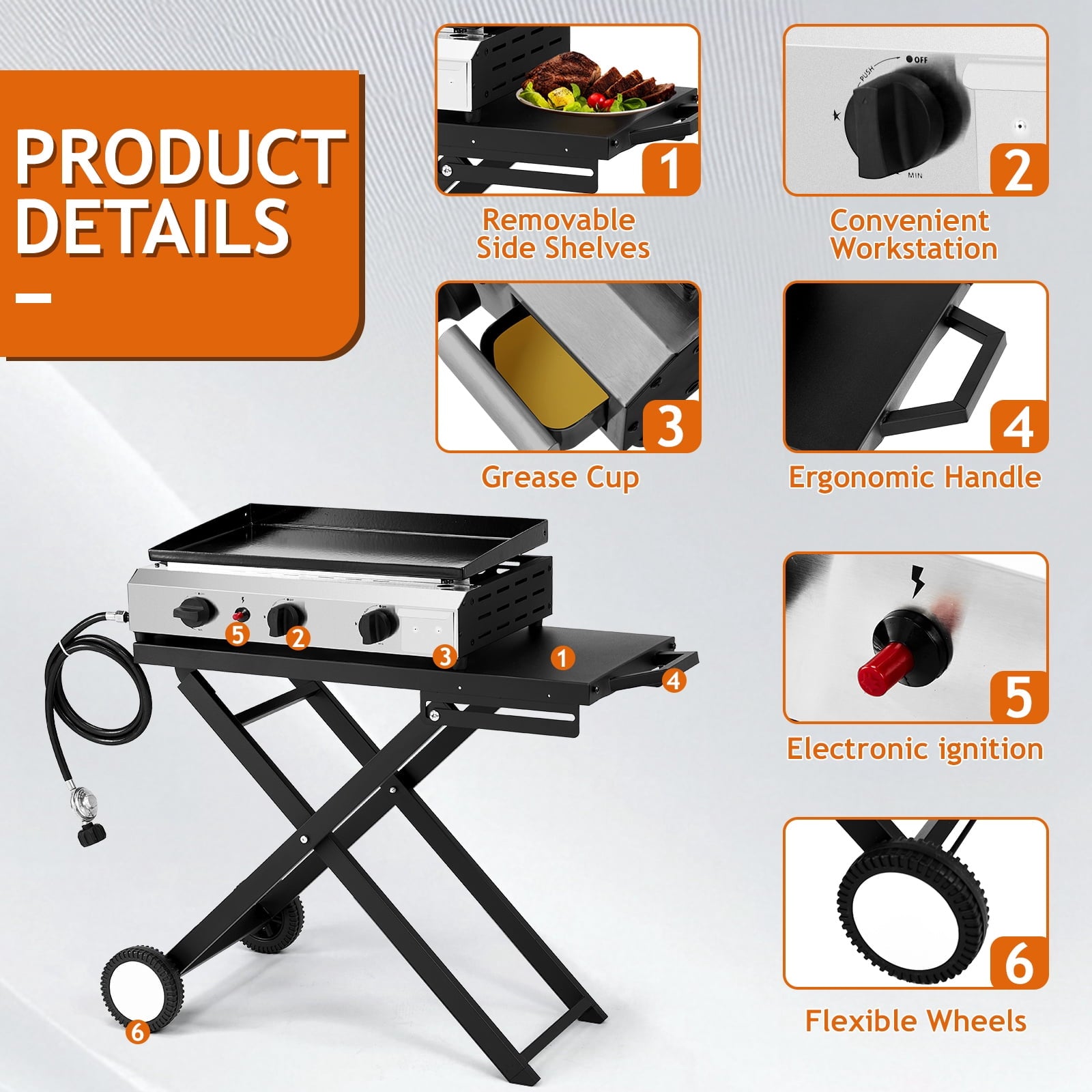 Ktaxon 3 Burner Propane Griddle Flat Top Gas Grill 30000 BTU Portable Grill with Ceramic Coated Cast Iron Pan,Side Shelves,Wheels Ktaxon