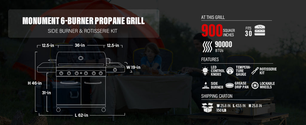 Monument Grills 6-Burner Propane Gas Stainless Grill with LED Controls, Side Burner, Rotisserie Kit, and Grill Cover Monument Grills