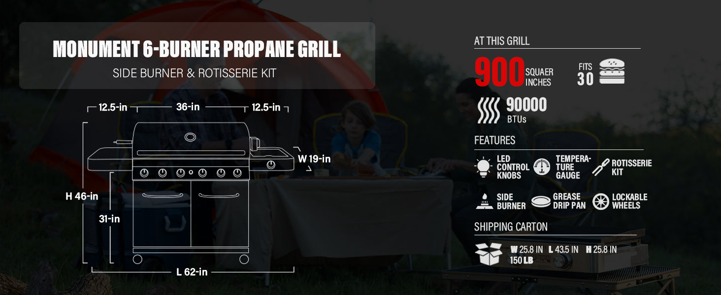 Monument Grills 6-Burner Propane Gas Stainless Grill with LED Controls, Side Burner, Rotisserie Kit, and Grill Cover Monument Grills