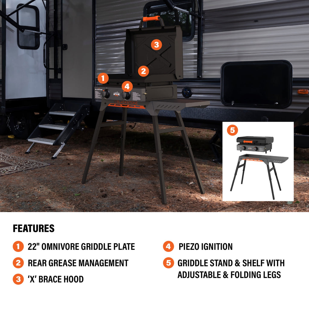 Blackstone Adventure Ready Outdoor Griddle, 2-Burner 22 Propane Flat Top Grill with Hood and Stand, Gray Gas Grills