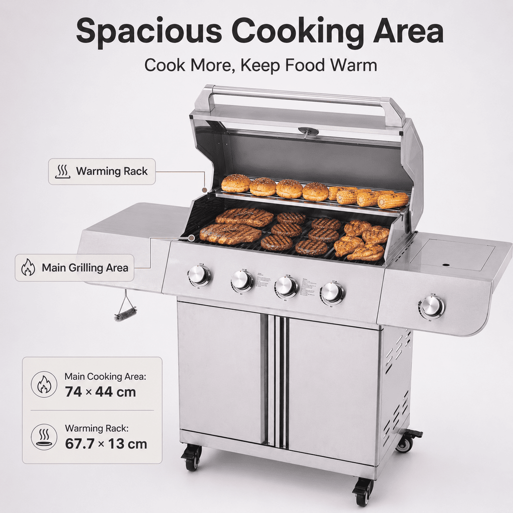 50000BTU Ultra Gas Grill, Syngar Propane Grills with 474 sq.in Cooking Area, 5-Burner Stainless Steel BBQ Grill with Side Burner and Thermometer for Outdoor Party, Camping Gas Grills