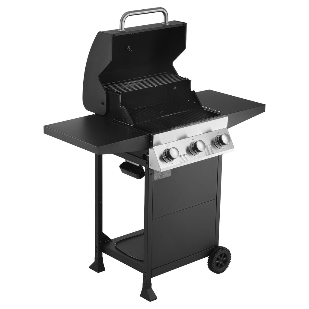VEVOR Gas Grill, 3 Burner Propane Gas Grill with Spacious 338 SQ.In Grilling Area, Carbon Steel Enamel Grates, Outdoor 36,000 BTU Patio Garden BBQ Grills with Foldable Side Shelves, Carbon Steel VEVOR