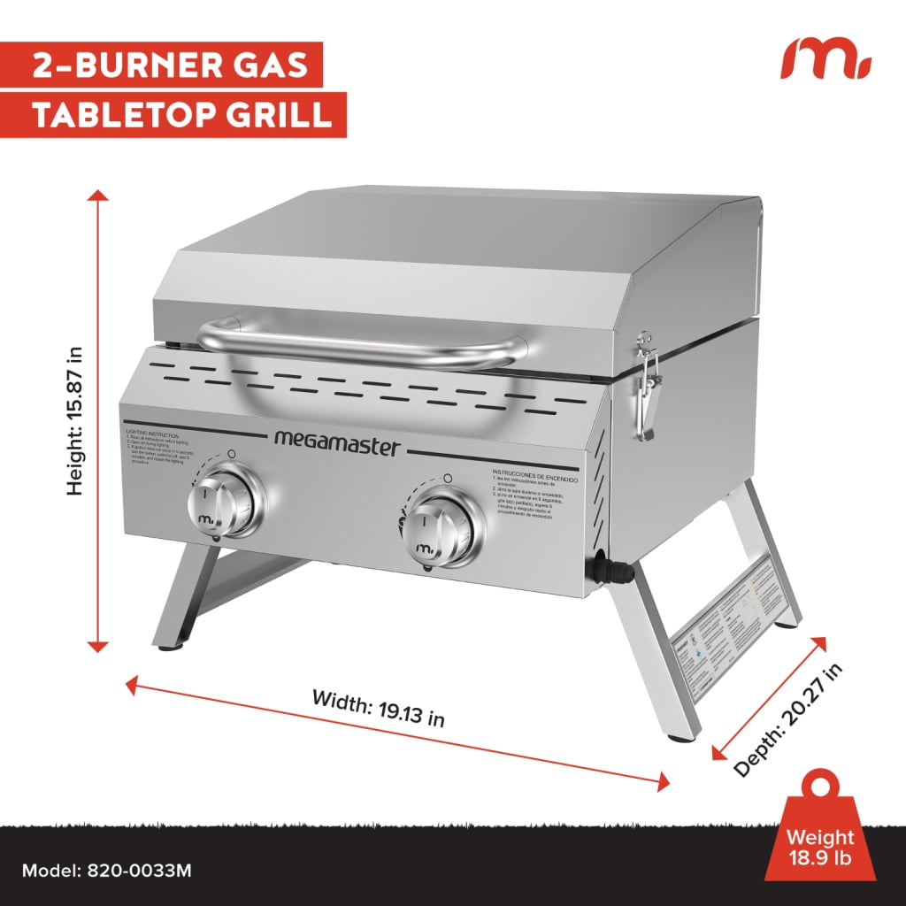 Megamaster 2-Burner Stainless Steel Portable Gas Grill with Built-In Lid, 16,000 BTUs, Foldable Legs, Small Propane Grill for Outdoor Cooking, Camping, BBQs, Patios, Tabletop, and Gardens - 820-0033M Megamaster