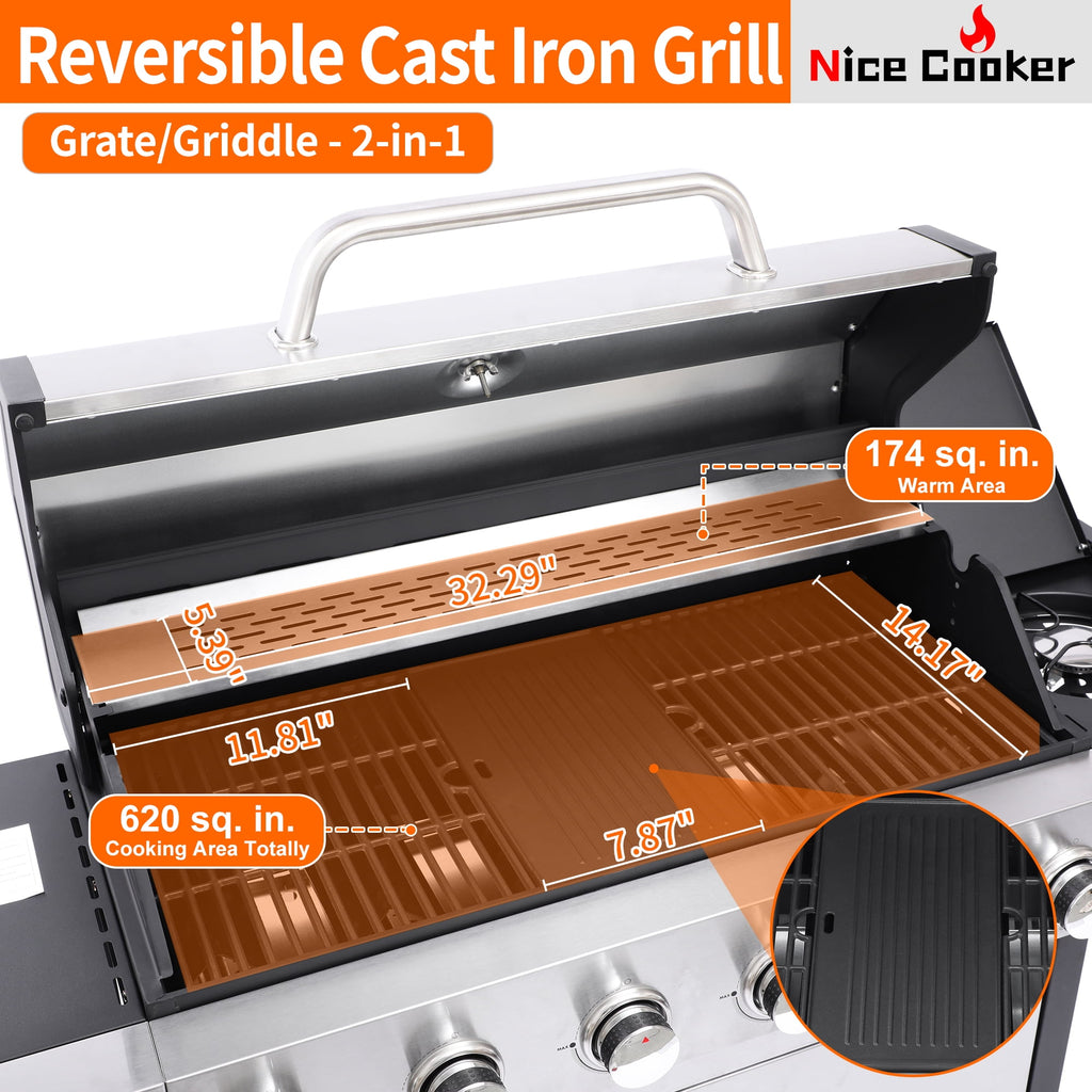 Nice Cooker 6-Burner Propane Gas BBQ Grill with Side Burner - 65850 BTU Total Output Stainless Steel Grills with Enameled Cast Iron Grill for Outdoor Backyard Barbecue, 620 SQ. IN. Cooking Area Nice Coker