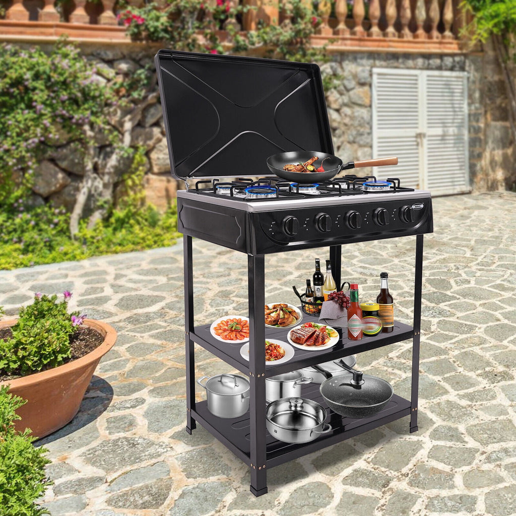 5-Burner Gas Stove Outdoor Camping Cooking BBQ Grill with 2-Tier Storage Rack Unbranded