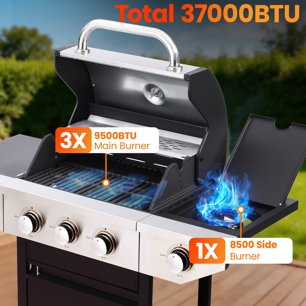 Enyopro 3 Burner Propane Gas Grill, 37,000BTU Stainless Steel BBQ Grill with Brush, Built-in Thermometer, 4 Universal Wheels for Outdoor Cooking Patio Backyard Gas Grills