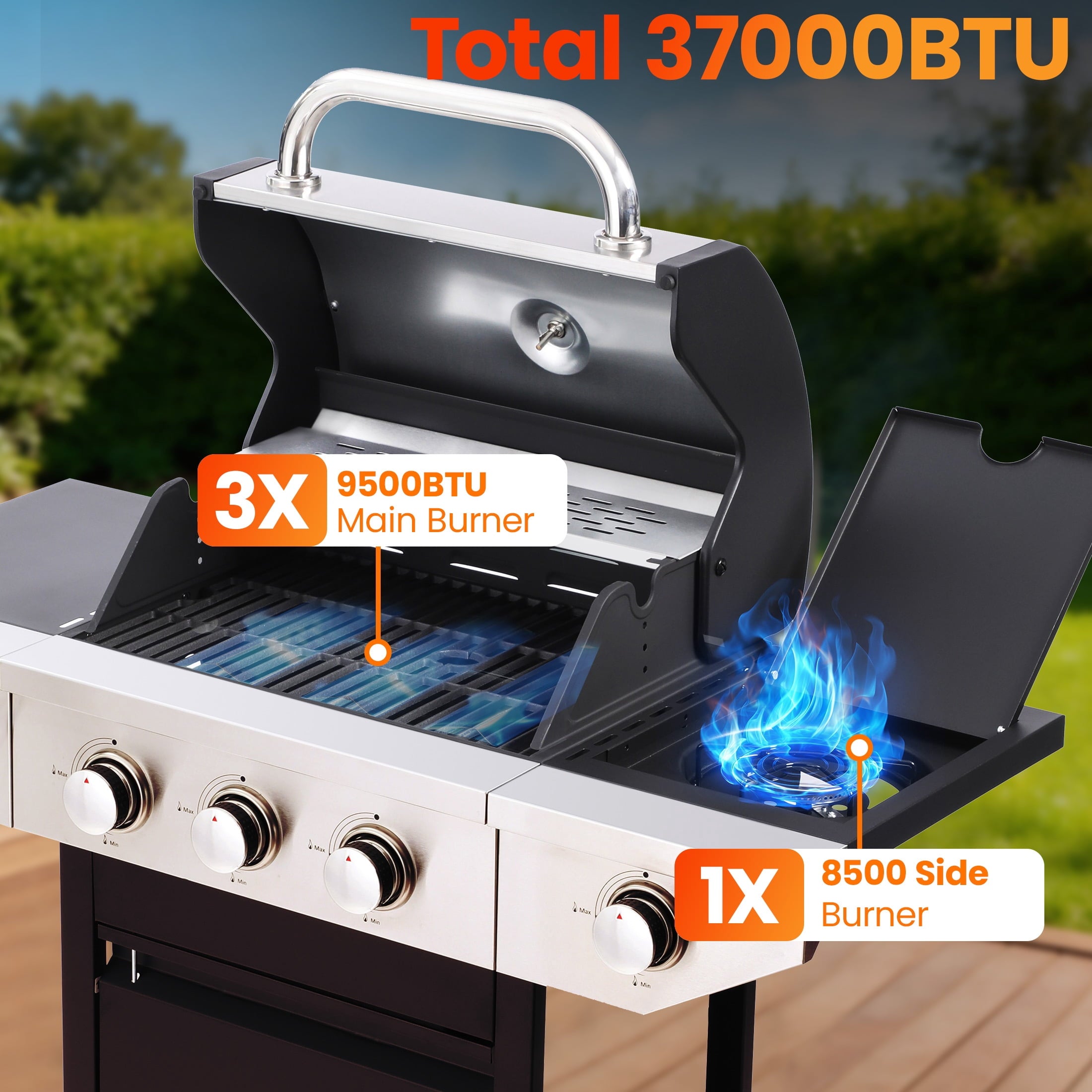 Enyopro 3 Burner Propane Gas Grill, 37,000BTU Stainless Steel BBQ Grill with Brush, Built-in Thermometer, 4 Universal Wheels for Outdoor Cooking Patio Backyard Gas Grills