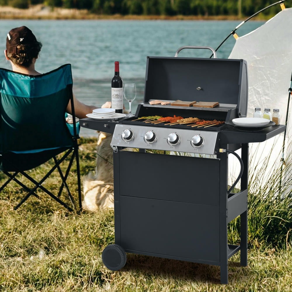 Kadyn Garden Grill with Two Shelves, Lid, Wheels and Bottle Opener, Patio Backyard Barbecue Grill with 4 Burner and Stainless Steel 34,000 BTU, Black Kadyne