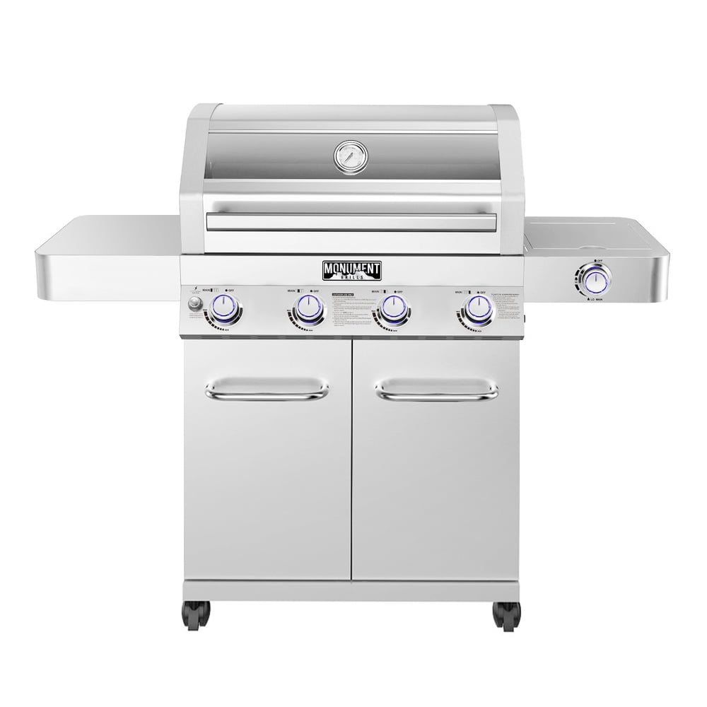 Monument Grills 4-Burner Natural Gas Grill in Stainless with Clear View Lid, LED Controls, Grill Cover, and Side Burner Monument Grills