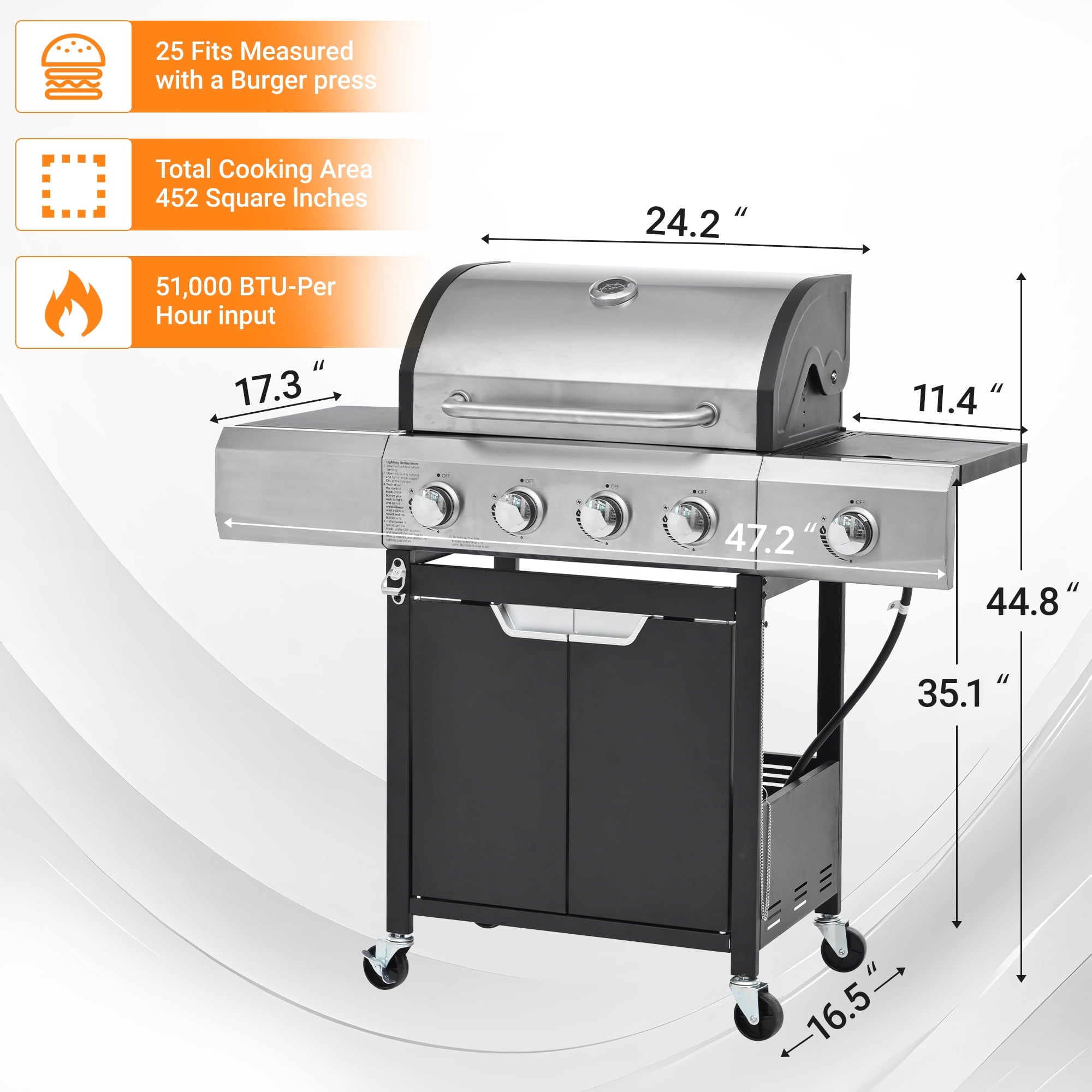 Gas Grill, Enyopro Propane Gas Grill, 4 Burner Stainless Steel BBQ Grill with Side Burner and Cover, 4 Universal Wheels for Outdoor Patio Garden Gas Grills