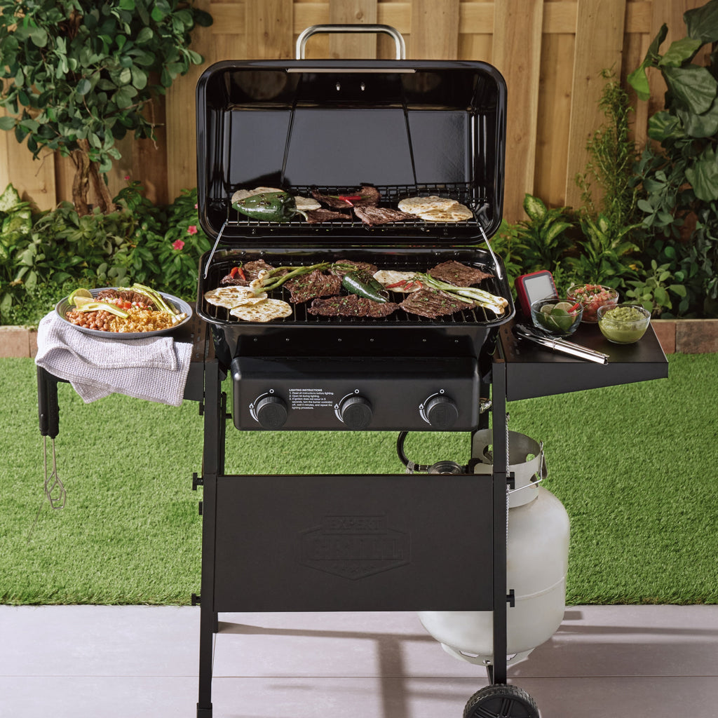 Expert Grill 3-Burner Propane Gas Grill with Wheels and Side Shelves, Black Expert Grill