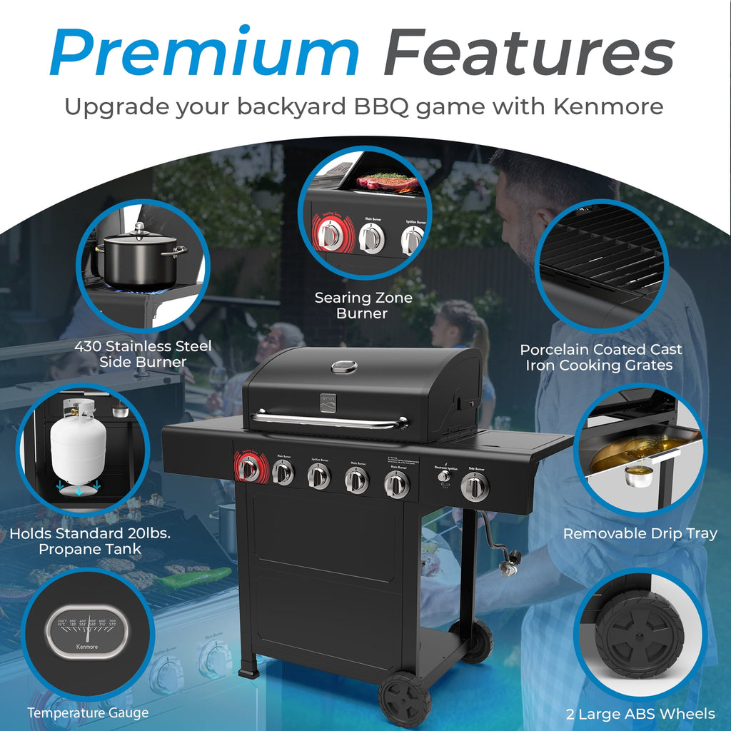 Kenmore BBQ Propane Gas Grill - 5 Burners with Side Burner & Searing Zone, 644 Sq. In. Stainless Steel Grill, 66,000 BTU, Ideal for Outdoor Cooking, Patio & Backyard, Black Gas Grills