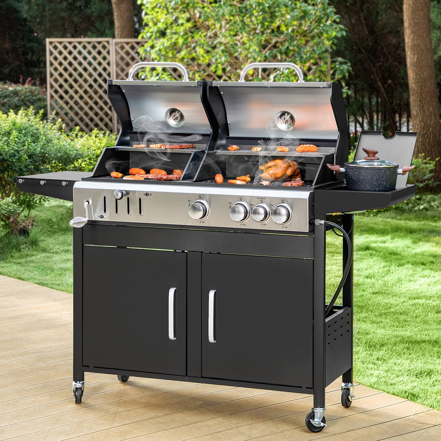 MF Studio Gas and Charcoal Grill Combo Dual Fuel 3-burner 37,000 BUT BBQ Grill with Side Burner MF Studio