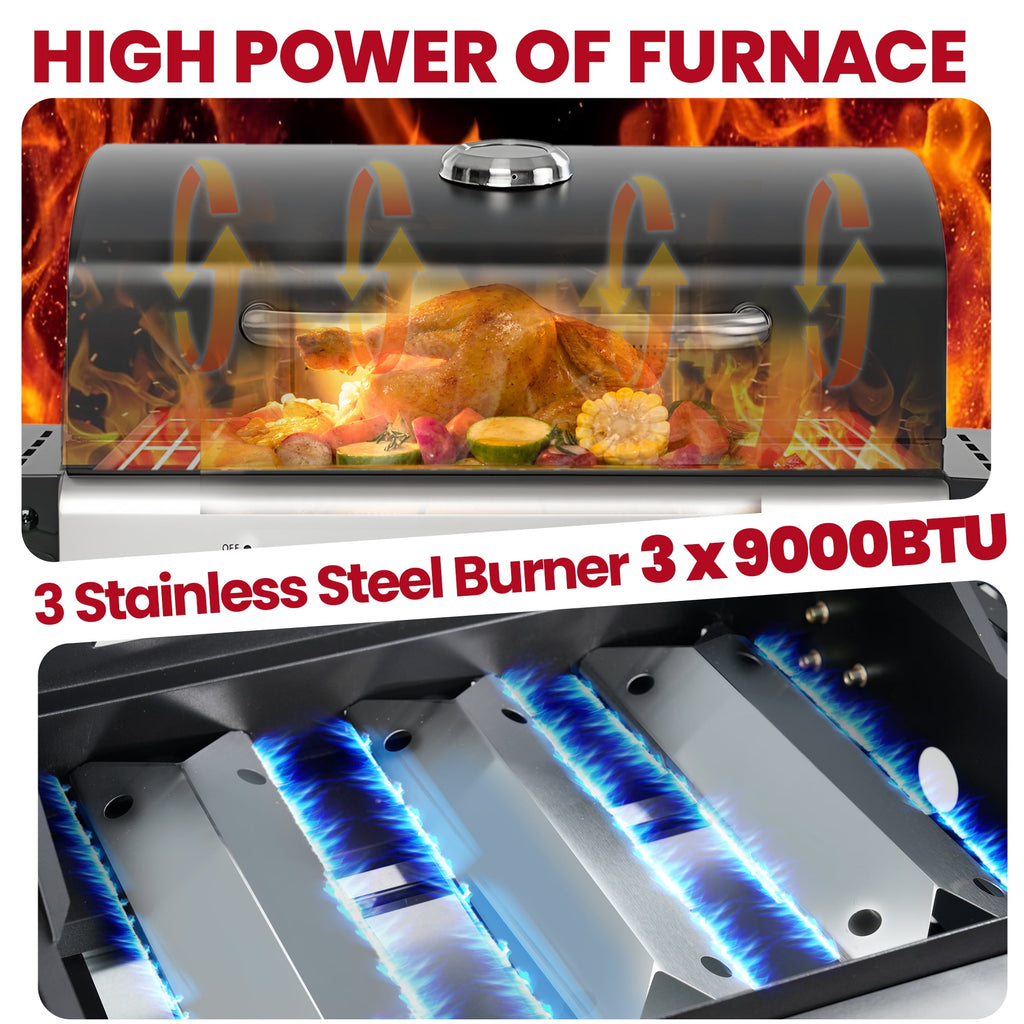 Enyopro 3-Burner Propane Gas Grill, 30000 BTU BBQ Grill with Foldable Side Table, Stainless Steel Warming Rack, Hooks, and Built-In Bottle Opener for Outdoor Barbecue Gas Grills