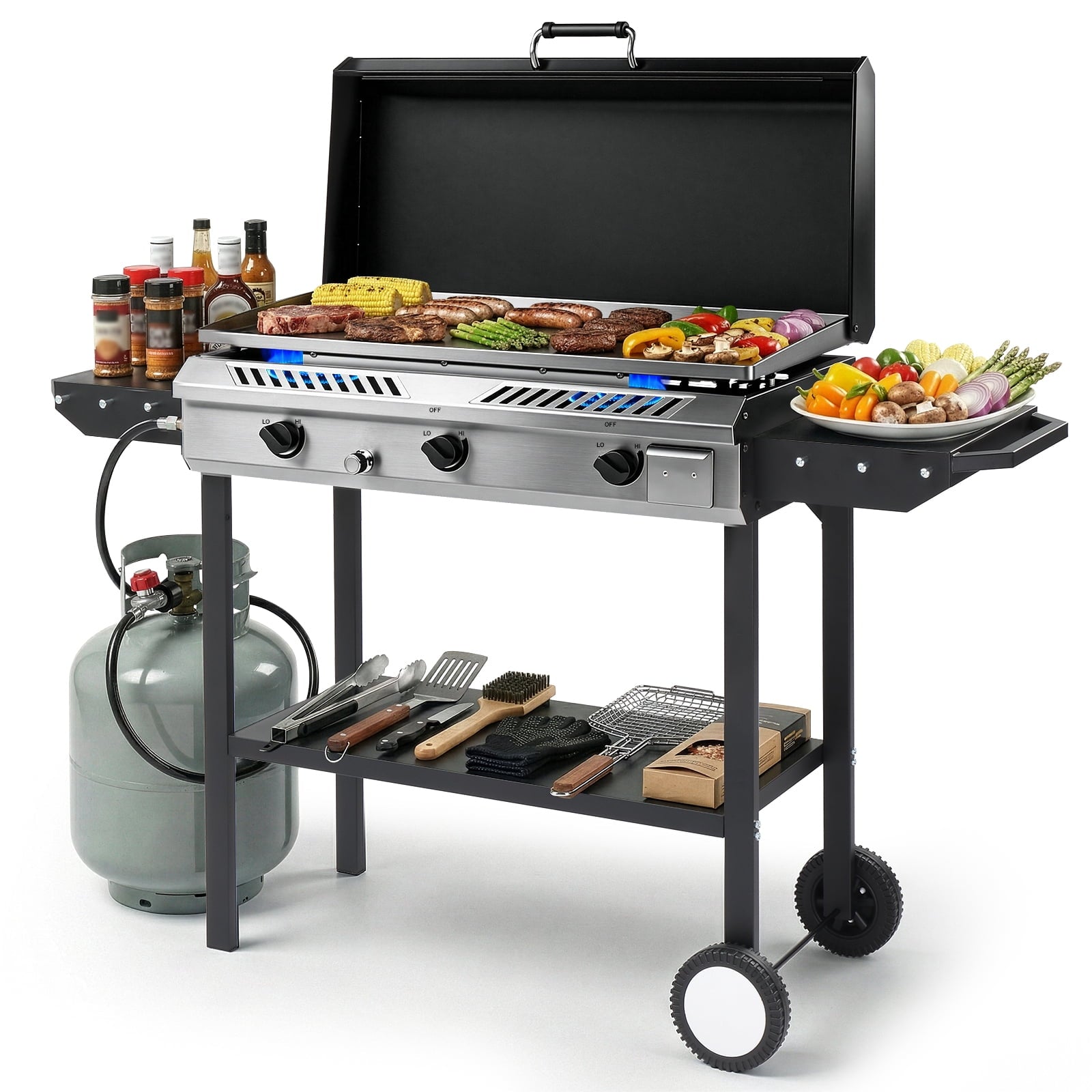 Zintown 3 Burner 225000-BTU Outdoor Stove Propane Gas Griddle with Portable Pan,Lid Zintown