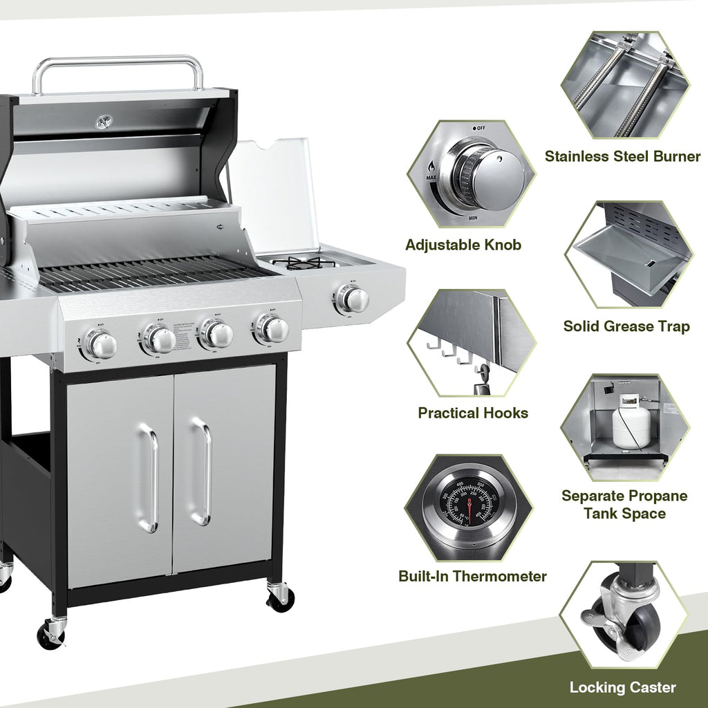BESTFIRE 60,000 BTU 4+1 Burner Propane Gas Grill - 647 sq. inches Stainless Steel Outdoor BBQ with Porcelain-Enameled Cast Iron Grates, Side Burner & Storage Cabinet for Patio and Backyard Cooking Gas Grills