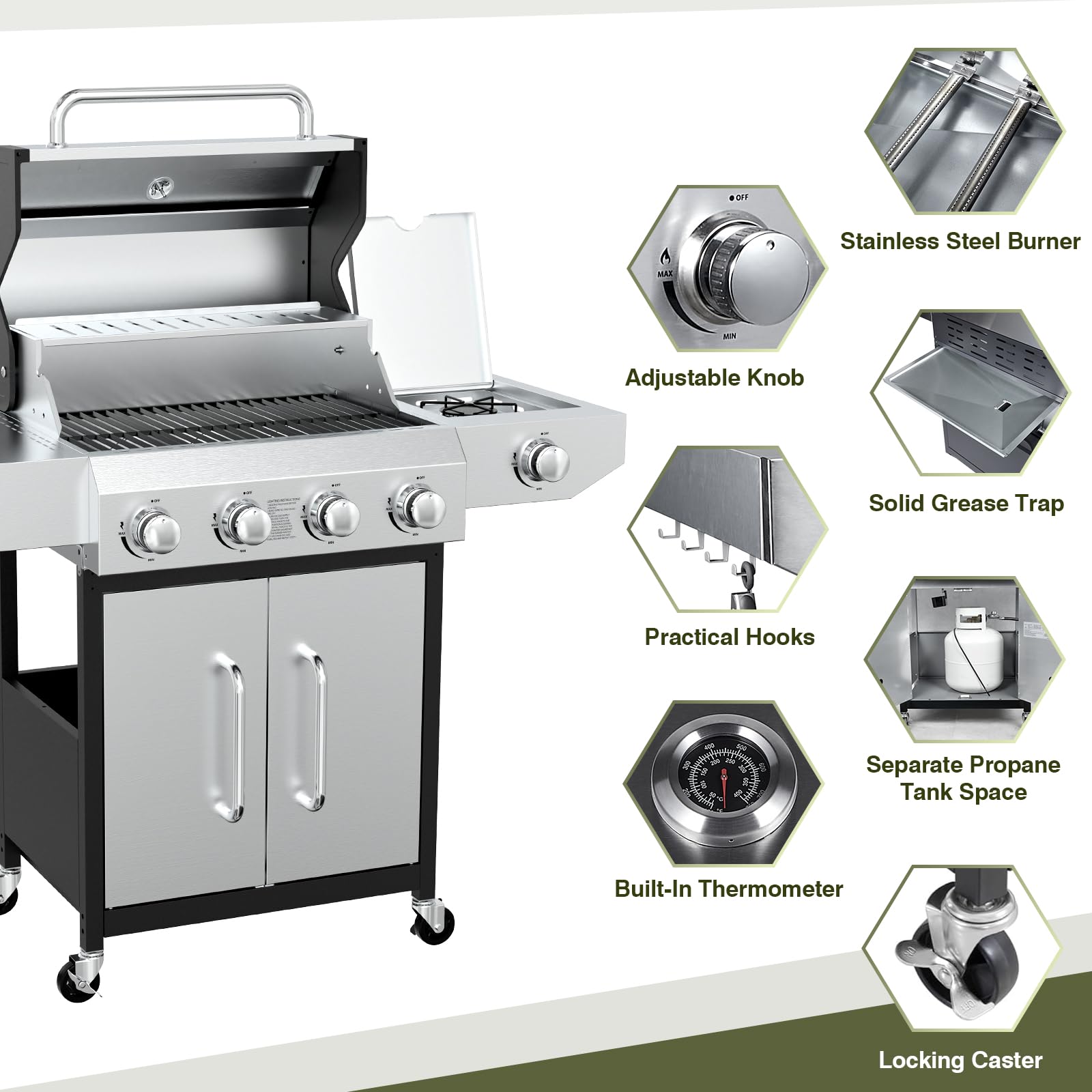 BESTFIRE 60,000 BTU 4+1 Burner Propane Gas Grill - 647 sq. inches Stainless Steel Outdoor BBQ with Porcelain-Enameled Cast Iron Grates, Side Burner & Storage Cabinet for Patio and Backyard Cooking Gas Grills