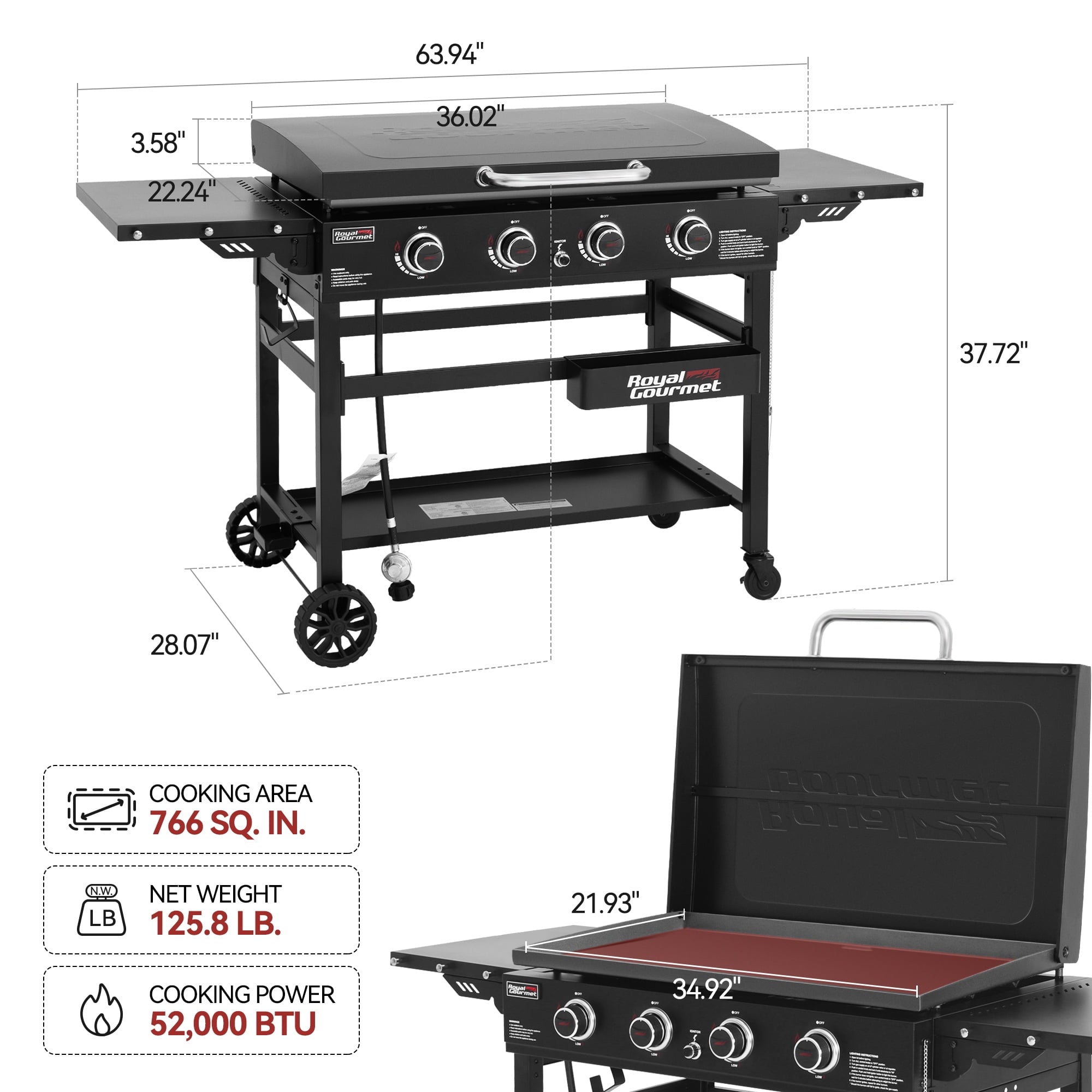 Royal Gourmet GB4000P 4-Burner Gas Griddle with Hard Cover,Heavy-duty Outdoor Cooking Station for Backyard and Tailgating, 52,000 BTU, Black Royal Gourmet