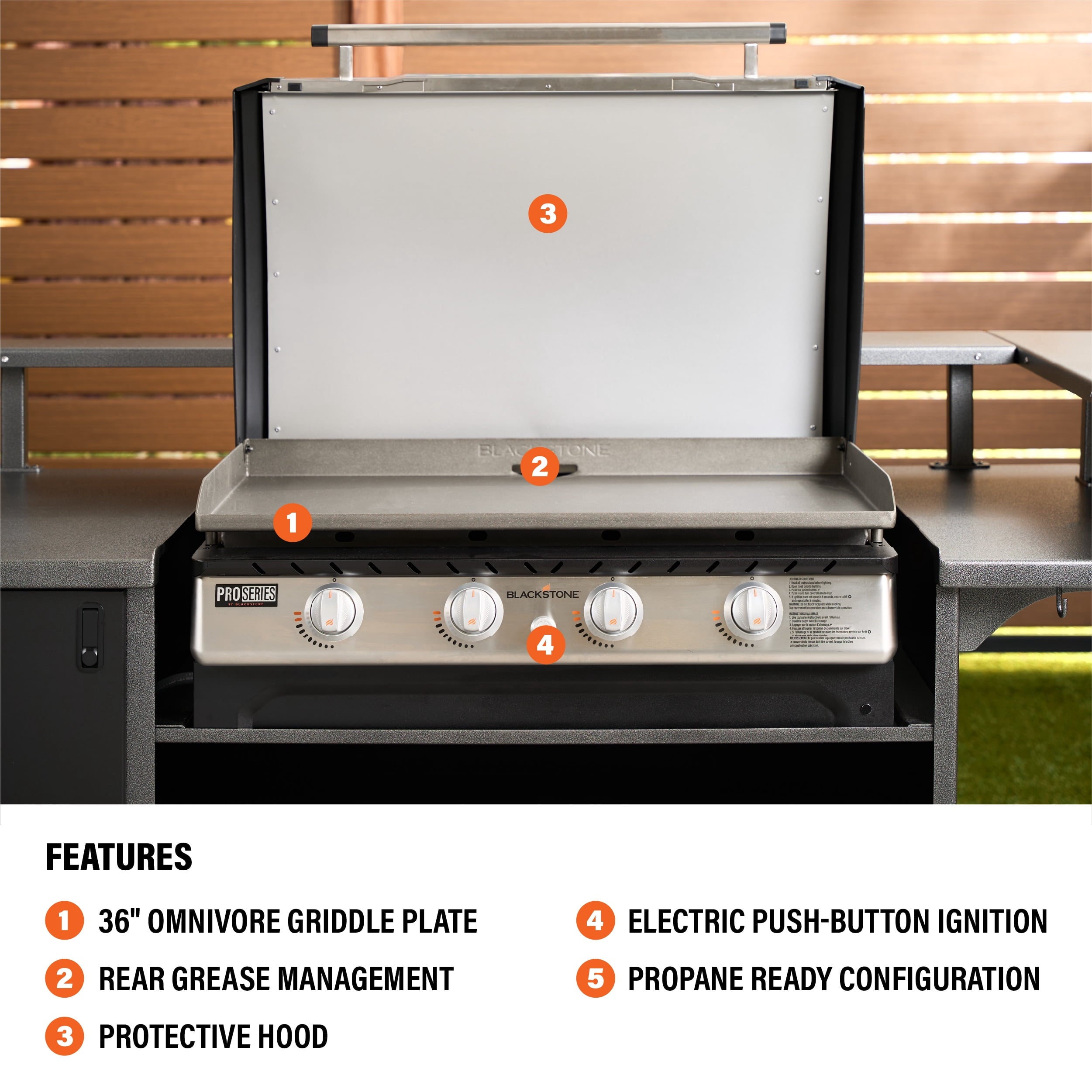 Blackstone Pro Series 4-Burner 36 Propane Omnivore Drop-in Outdoor Griddle with Hood Gas Grills