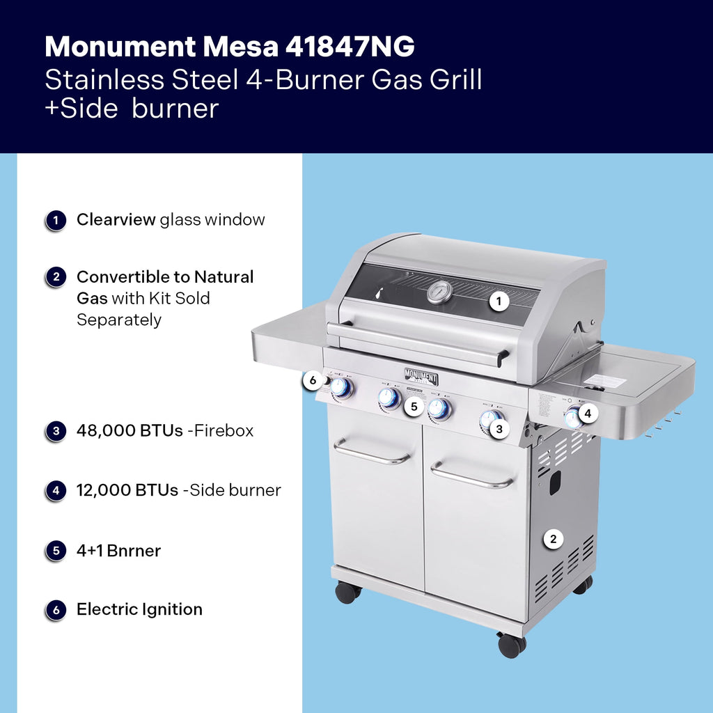Monument Grills 4-Burner Natural Gas Grill in Stainless with Clear View Lid, LED Controls, Grill Cover, and Side Burner Monument Grills