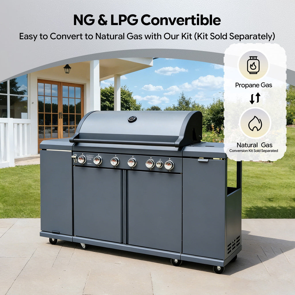 Brand Man 6-Burner Outdoor Gas Kitchen Grill Island with Side Burner, BBQ Station with Storage Cabinets and Fold-out Prep Table, LPG/NG Convertible Gas Grills