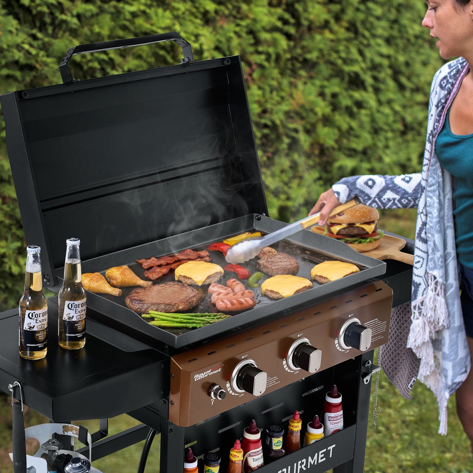 Royal Gourmet GB3000PY 3-Burner Gas Griddle with Hood, Griddle with Collapsible Side Shelves,Perfect for Outdoor Cooking Royal Gourmet