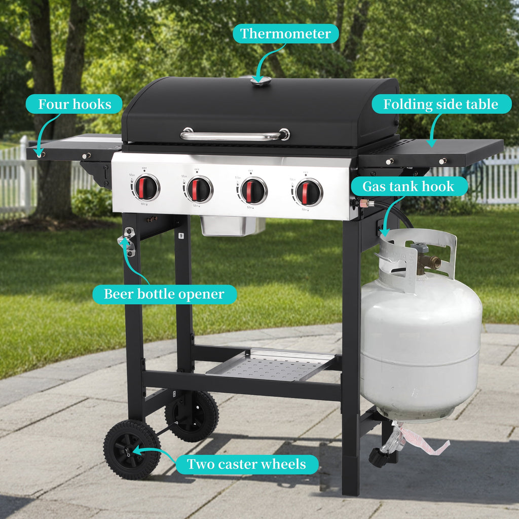 Garden It 4-Burner Propane Gas Grill, 40,000 BTU Portable BBQ with Cast Iron Grates & Griddle Pan, Folding Side Table for Outdoor Camping Backyard Garden It
