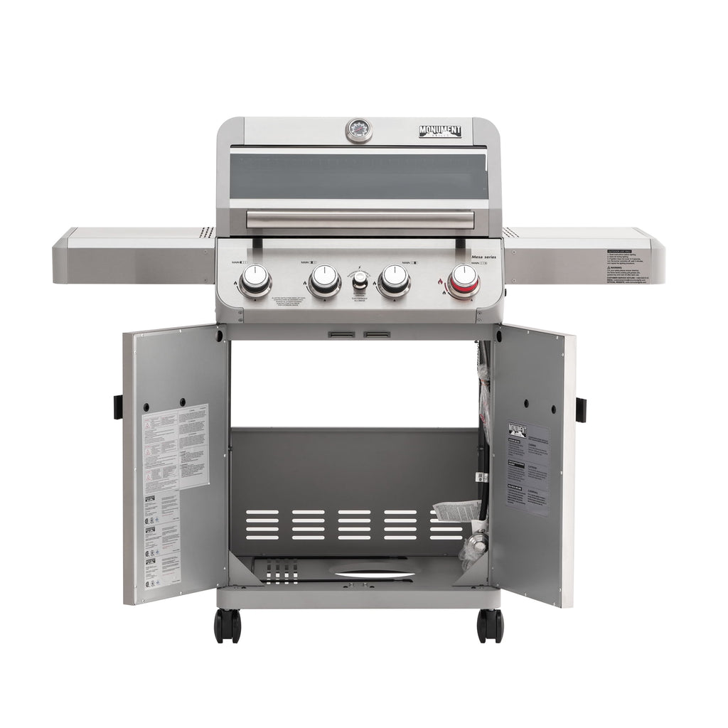 Monument Grills 4 Burner Stainless Propane Gas Grill with Viewing Window, Two Foldable Shelves ,Gas Tank Hook & Bottle , Easy Clean-up, M410MBZ Monument Grills