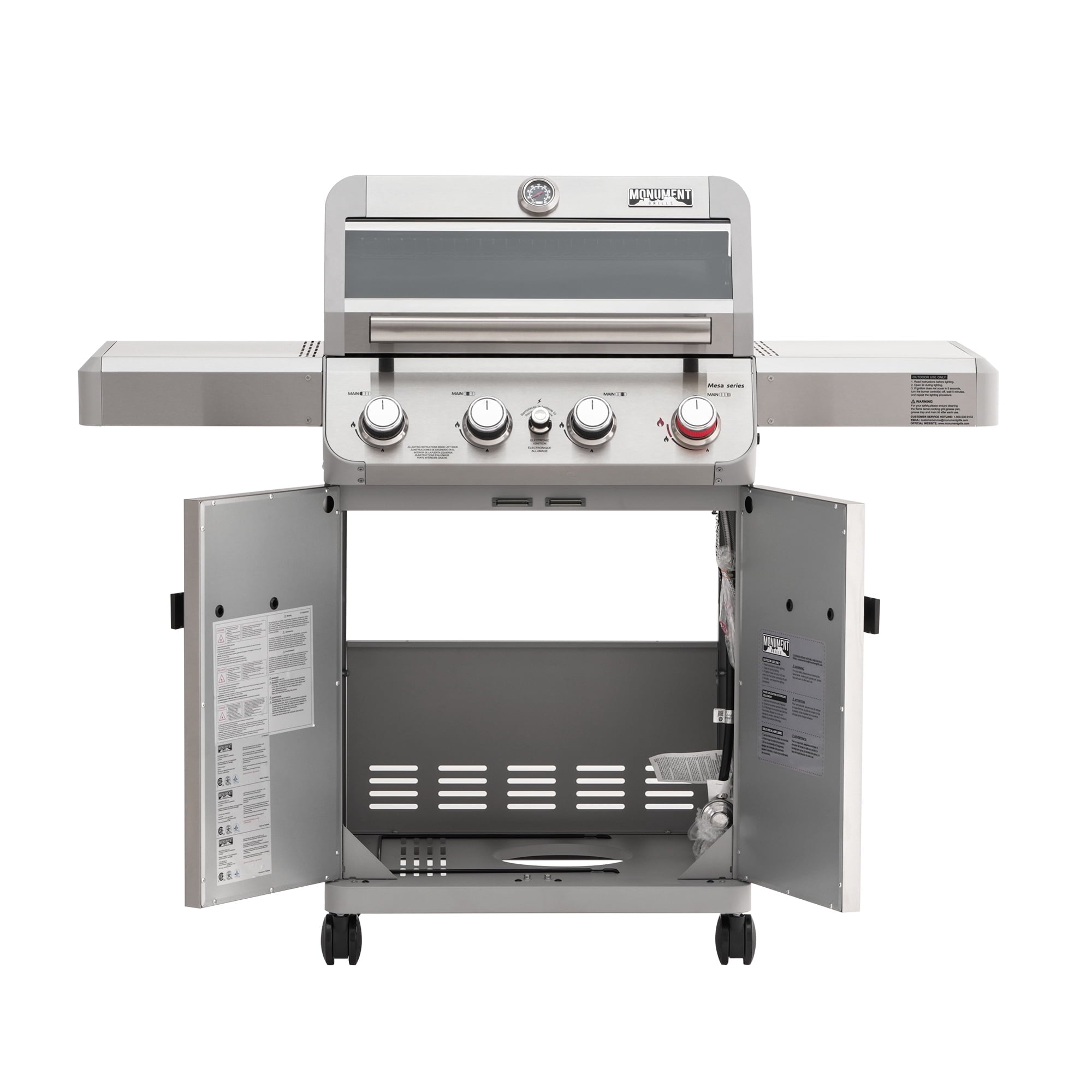 Monument Grills 4 Burner Stainless Propane Gas Grill with Viewing Window, Two Foldable Shelves ,Gas Tank Hook & Bottle , Easy Clean-up, M410MBZ Monument Grills