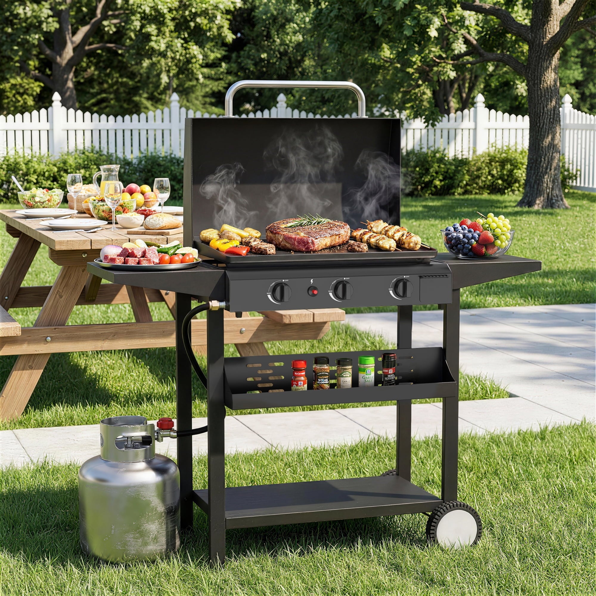 SKOK 23'' 45,000 BTUs Portable 3-Burner Propane Flat Top  Gas Propane Griddle with Hood for Camping Gas Grills