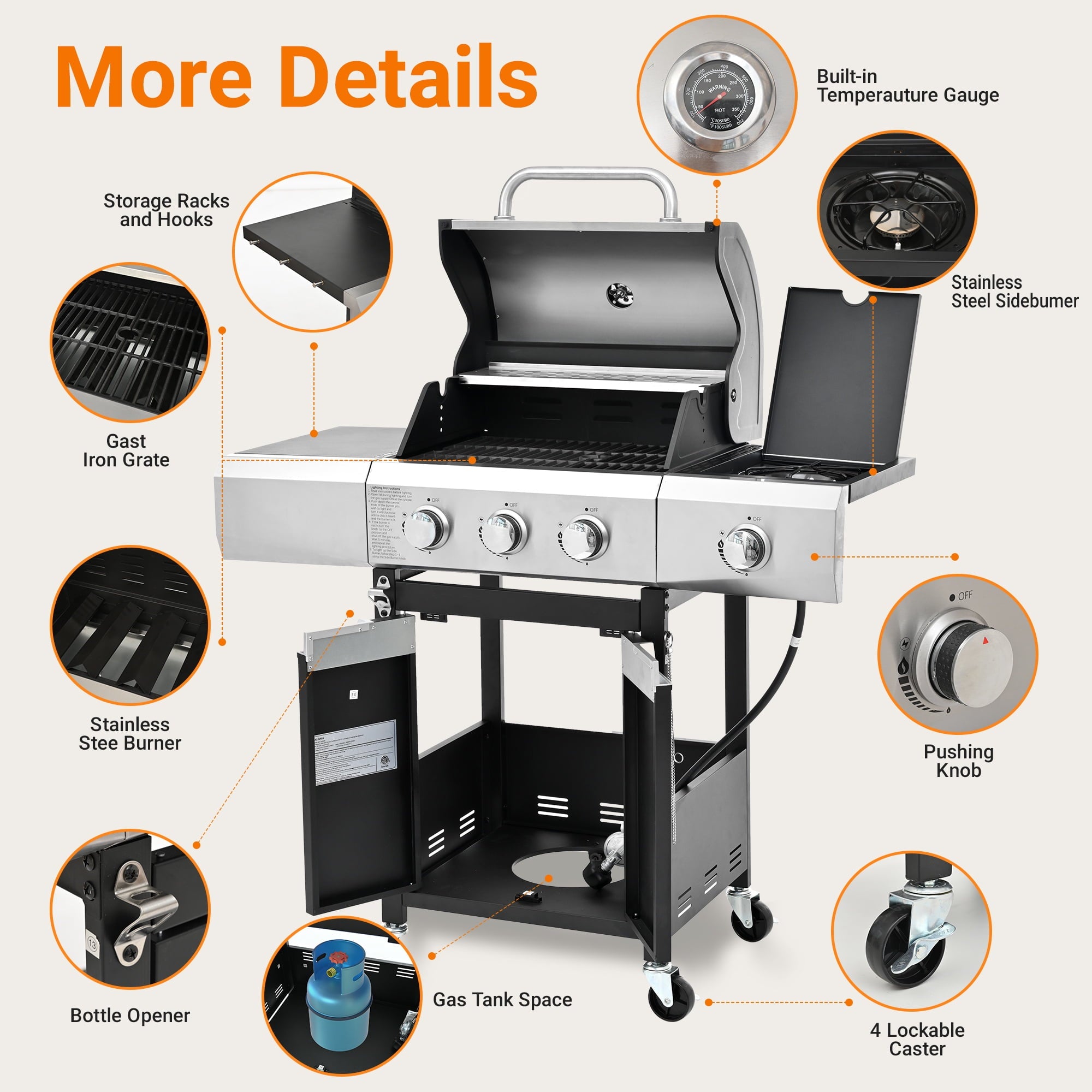 Gas Grill w/Side Burner, 40500BTU Propane Grill with Cover, Stainless Steel Outdoor BBQ 2 Cooking Areas, Portable Grill for Camping Patio Gas Grills