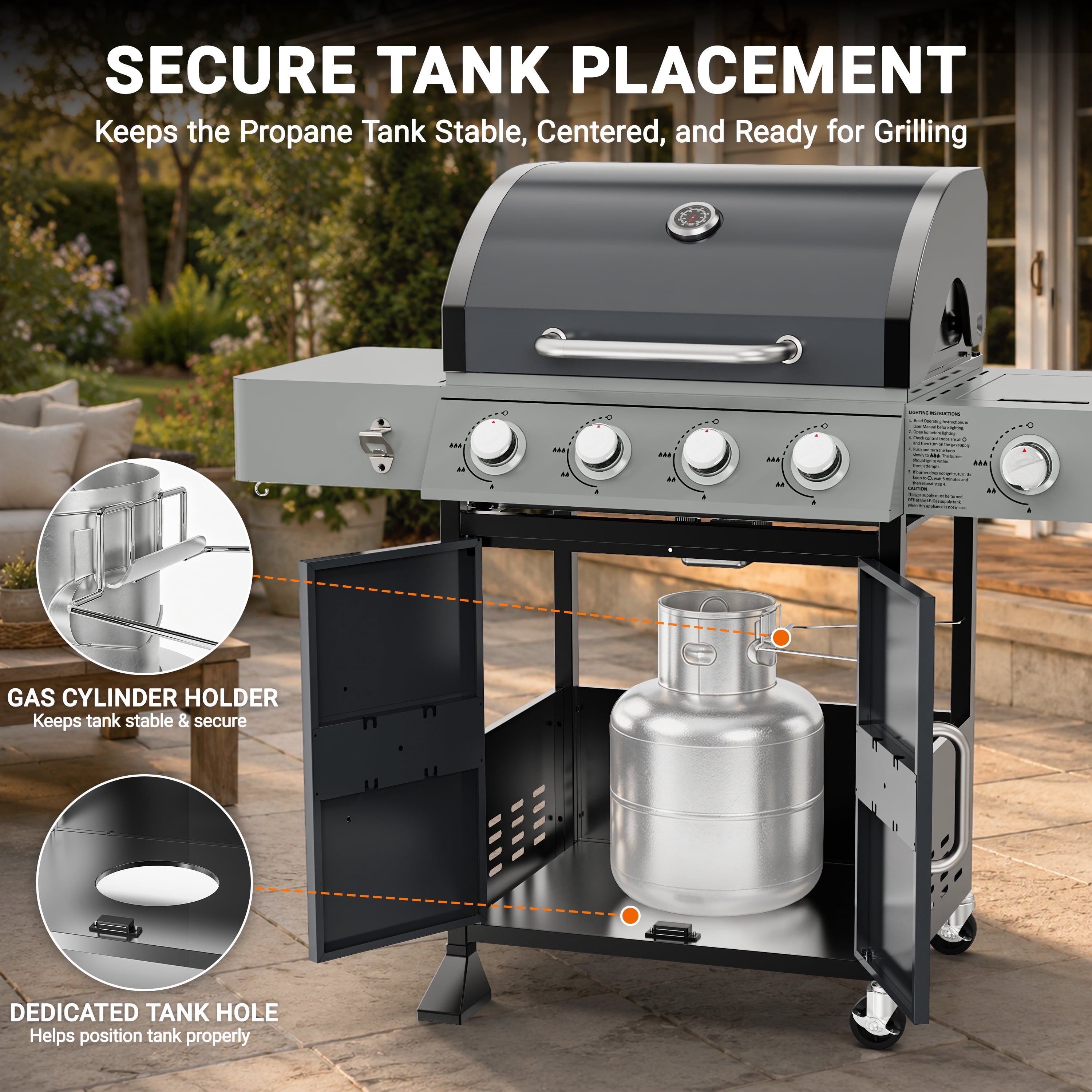 4-Burner Gas Grill with Side Burner, 51,000 BTU Propane BBQ Grill with Porcelain-Enameled Cast Iron Grates, Built-in Thermometer, Ideal for Patio Camping Outdoor Cooking Gas Grills