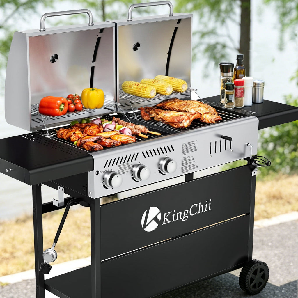 KingChii Gas and Charcoal Grill Combo, Dual Fuel 3-burner BBQ Grill Smoker with Side Burner for Outdoor Patio Cooking Barbecue Gas Grills