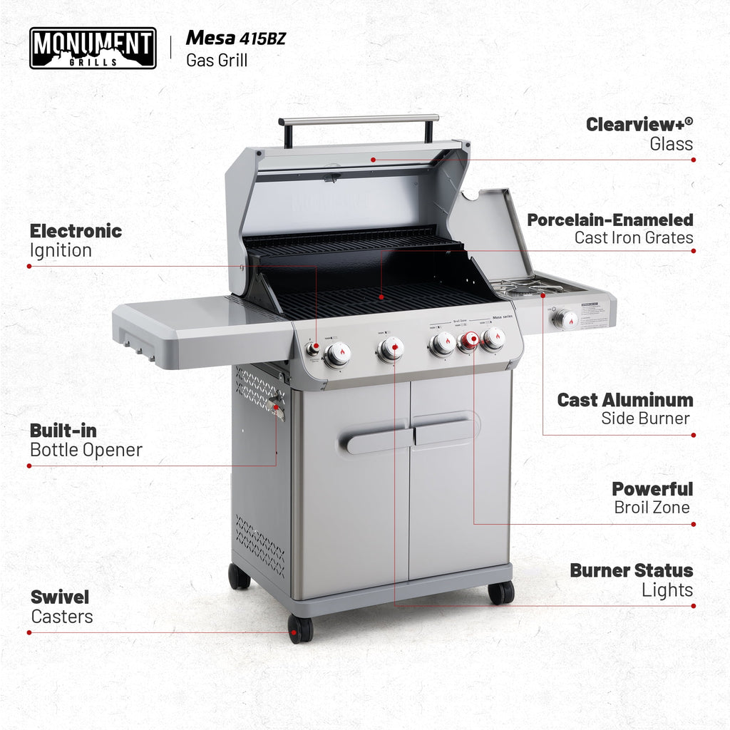 Monument Grills Mesa 4-Burner Stainless Steel Propane Gas Grill with Clear View Lid, Side Burner, LED Controls Monument Grills