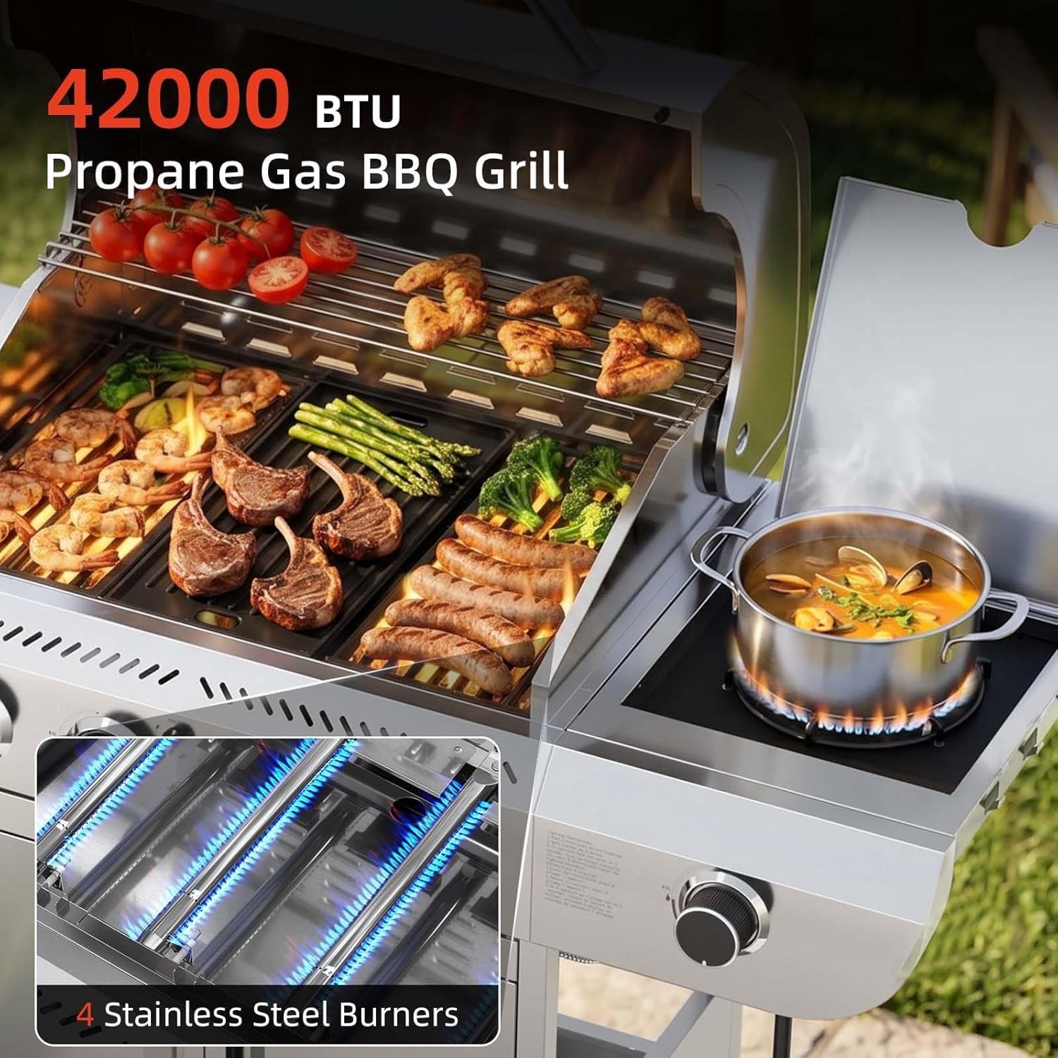 42000 BTU 4-Burner Stainless Steel Gas Grill, BBQ Grill with Side Burner & Enameled Cast Iron Grates, Pull-Out Oil Tray for Outdoor Backyard WAA