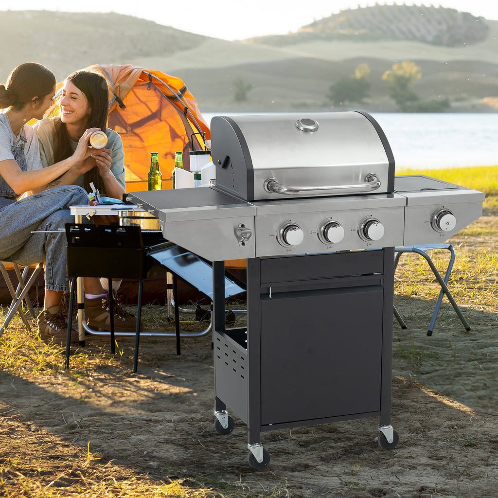 Enyopro 3 Burner Gas Grill , 37000 BTU Stainless Steel Propane Gas Grill with Side Burner, Outdoor BBQ Grill with Side Table and Thermometer, for Outdoor Camping BBQ Gas Grills