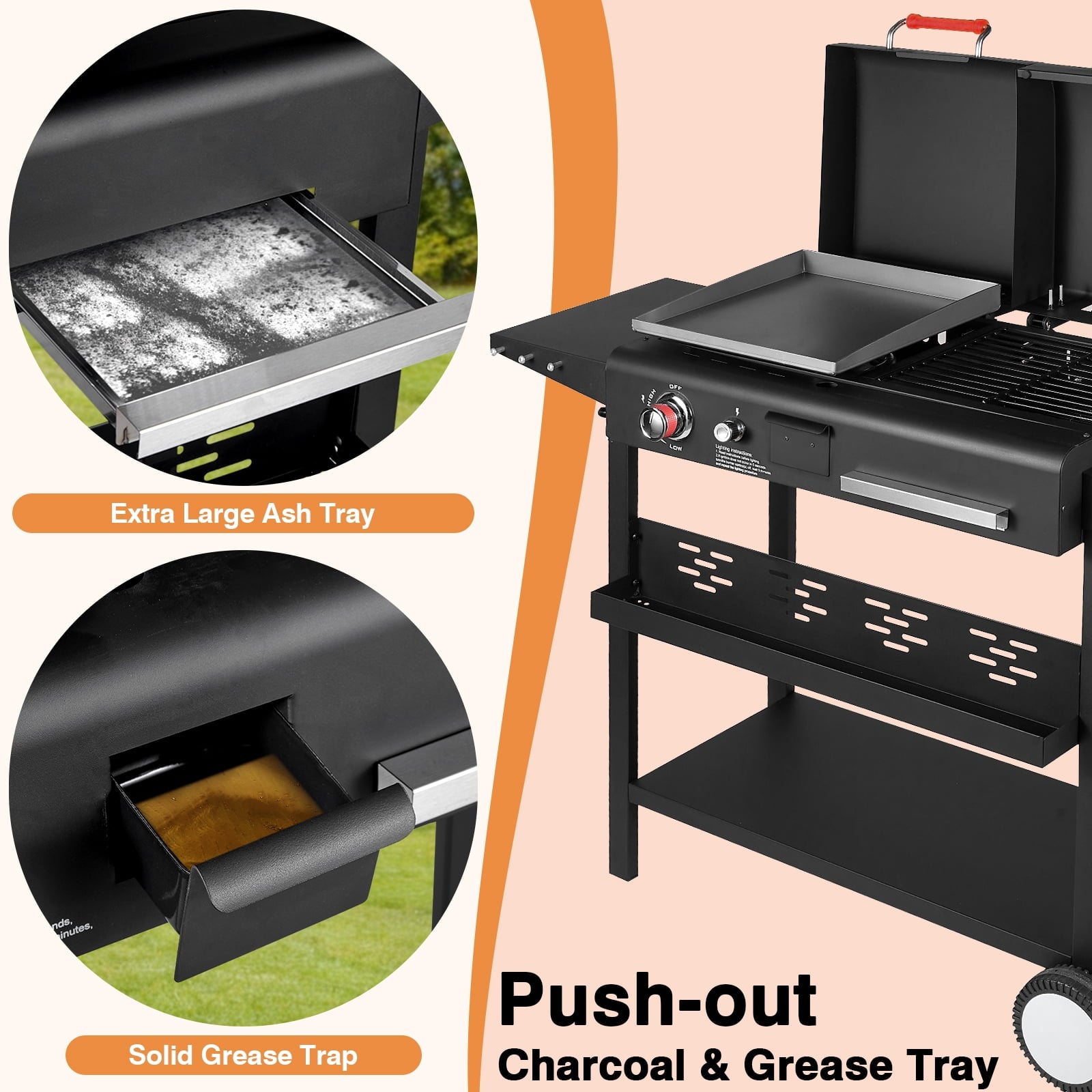 SIXDAY Dual Fuel Charcoal and Propane Grill Combo with Dual Lids, 12000 BTU Outdoor BBQ Grill with 2 Side Shelves for Backyard Cooking Gas Grills