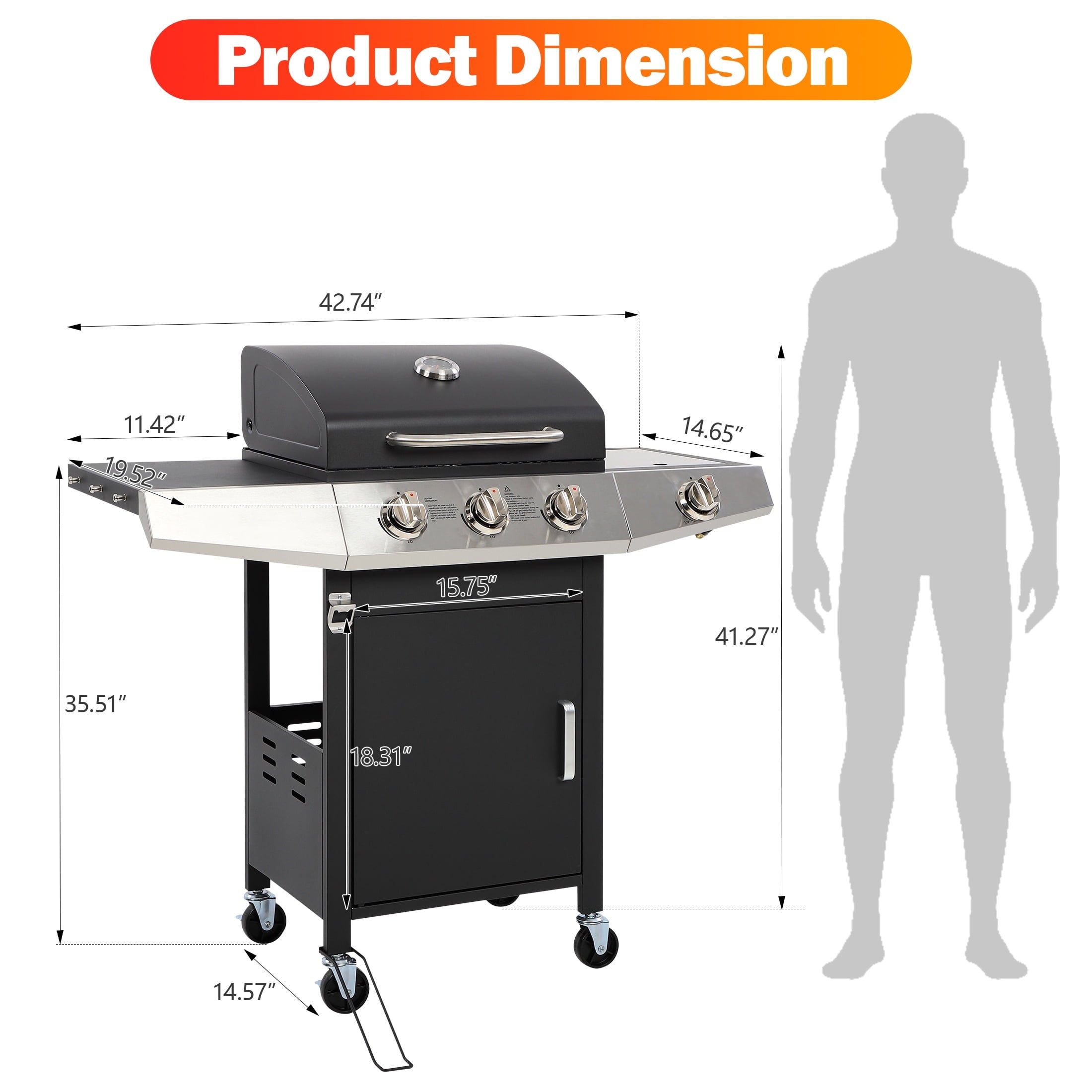3-Burner Propane Gas Grill with Side Burner, Gas BBQ Grill with Thermometer, Bottle Opener, and Tool Hooks, 40000 BTU Output, Fit for Patio Camping Outdoor Cooking Segmart