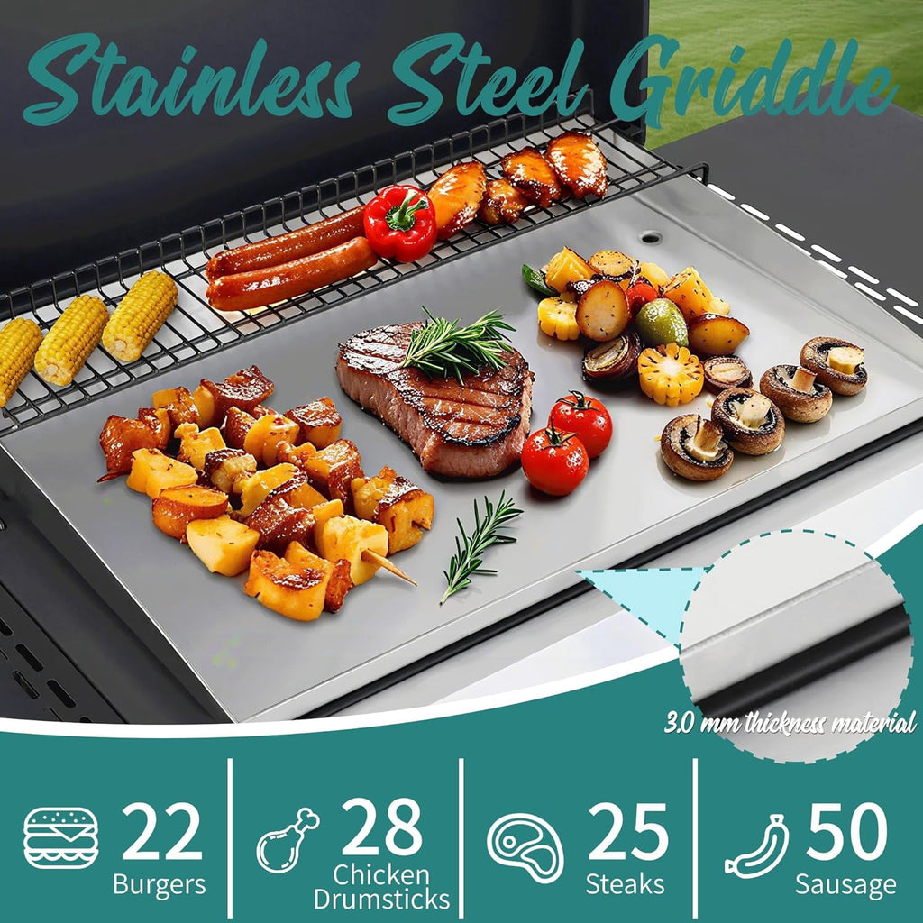 Updated 4 Burner Propane Gas Grill with Lid & Foldable Side Tables, 49200 BTU Outdoor BBQ Grill for Backyard - Stainless Steel Plancha & Cast Iron Cooking Grids Combo Unbranded