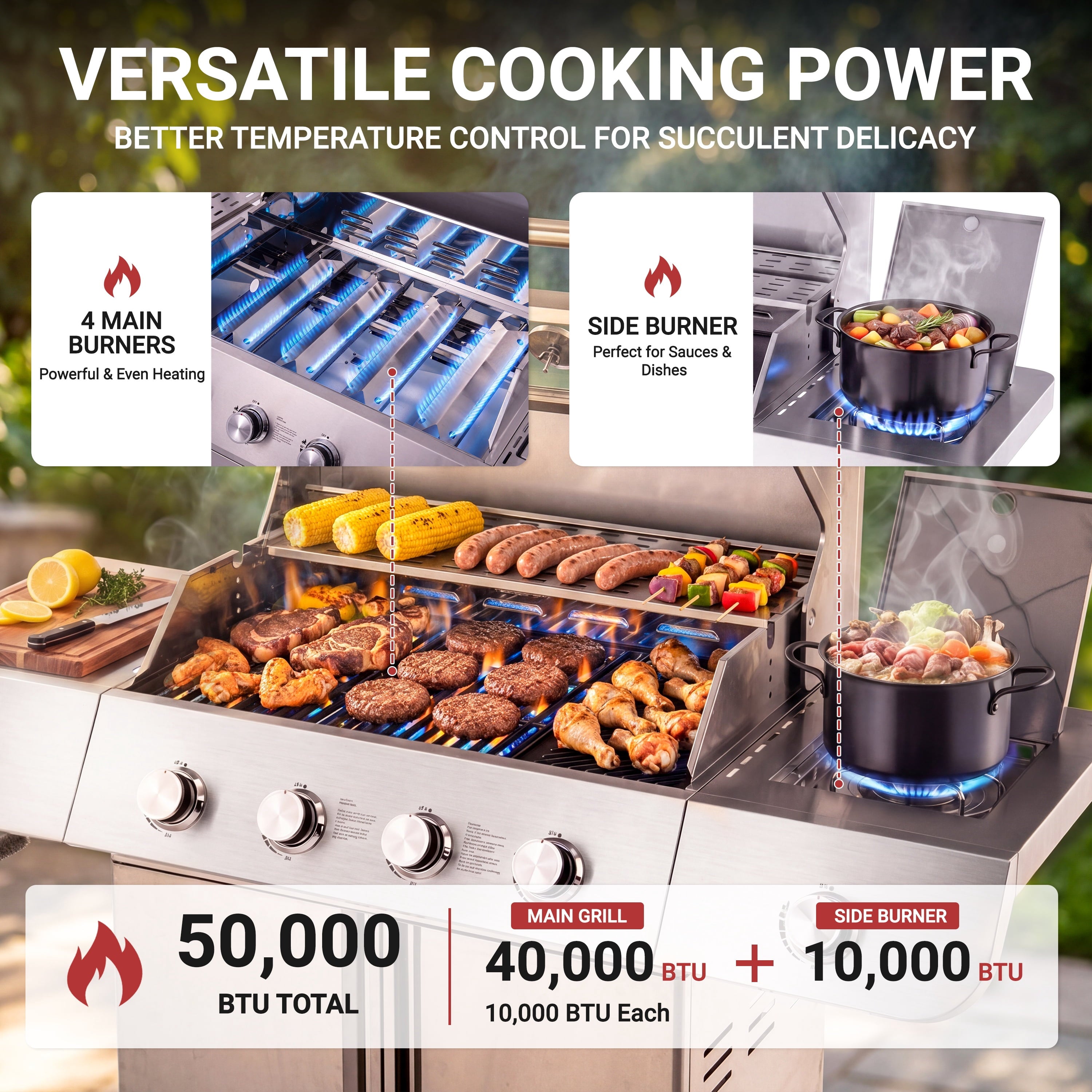 4-Burner Gas Grill and Griddle Combo with Side Burner, 50,000 BTU Propane BBQ Grill with Porcelain-Enameled Cast Iron Grates, Built-in Thermometer, Ideal for Patio Camping Outdoor Cooking Gas Grills