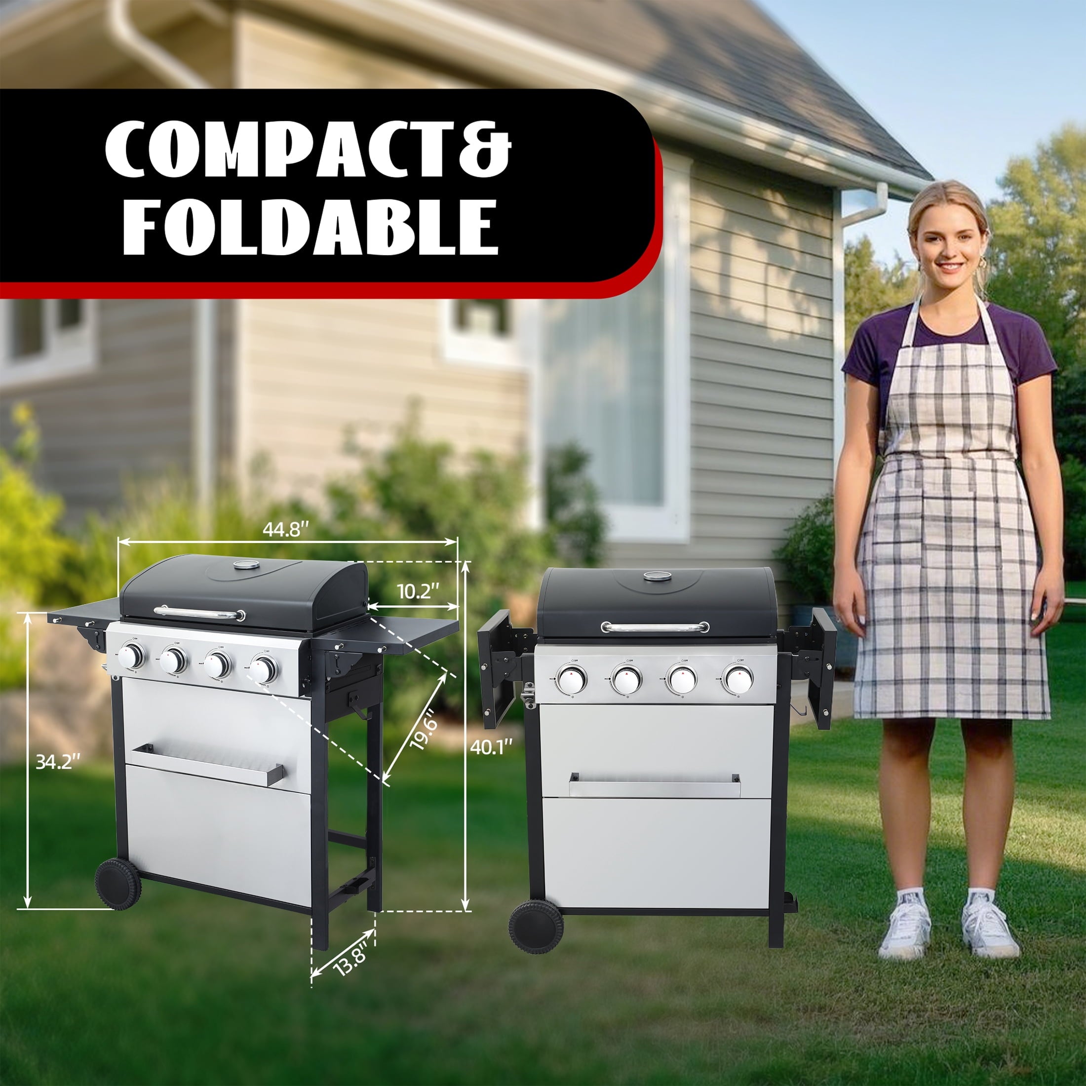Nice Cooker 4-Burner Propane Gas Grill with 2 Foldable Side Tables, 34200 BTU Outdoor BBQ Grill with Porcelain-Enameled Grates, Built-in Thermometer, Easy Assembly for Patio, Backyard BBQ Gas Grills