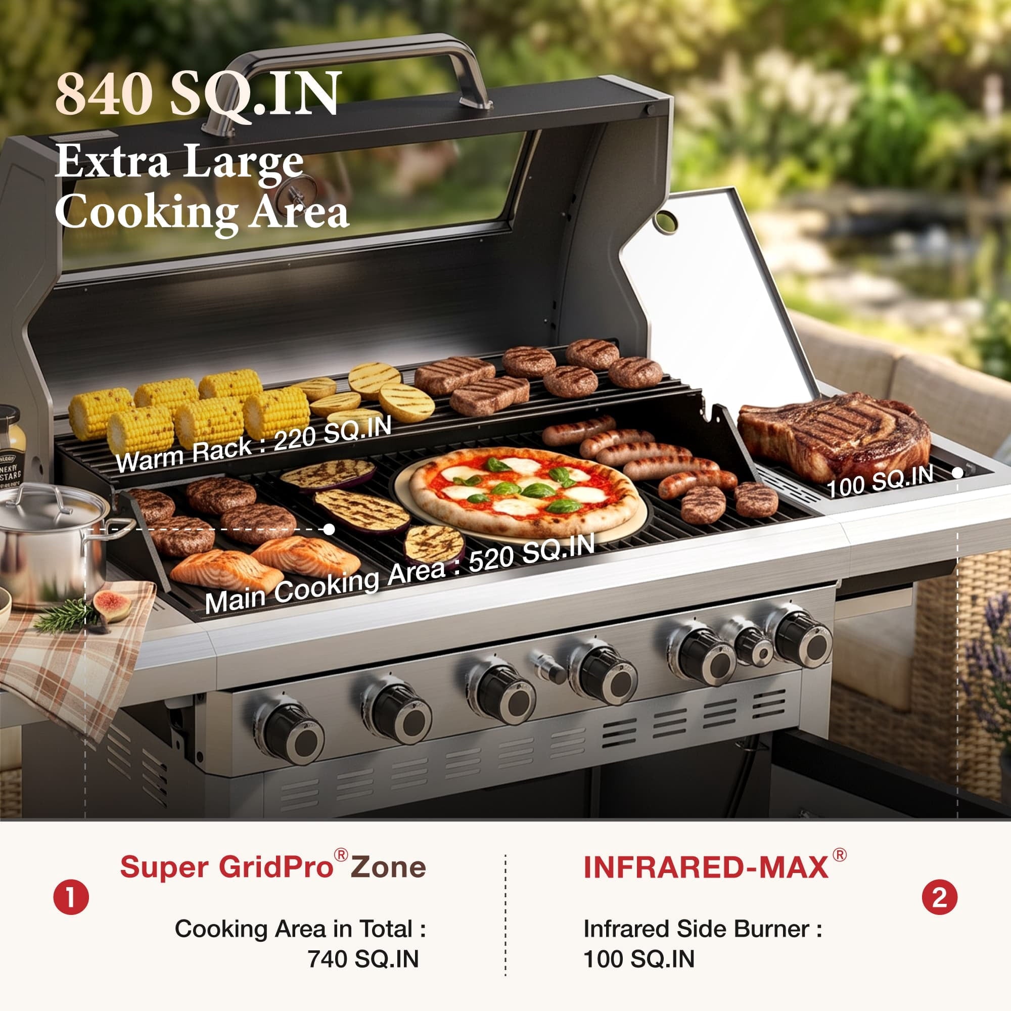 MF Studio 6 Burner Propane Gas Grill with Griddle Zone & 13500 BTU Infrared Side Burner – 840 sq.in Extra Large Cooking Area Outdoor BBQ Grill - Black Gas Grills
