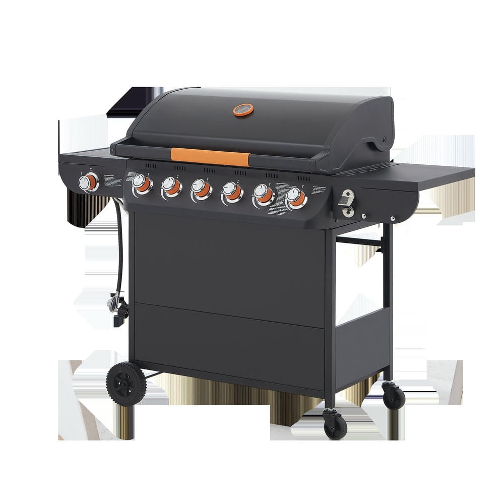Kadyn 6-Burner Gas Barbecue Grill, 72000 BTU High-Heat Grill with Side Tables, Cast Iron Grates & Side Burner, Outdoor Kitchen, Black Kadyn