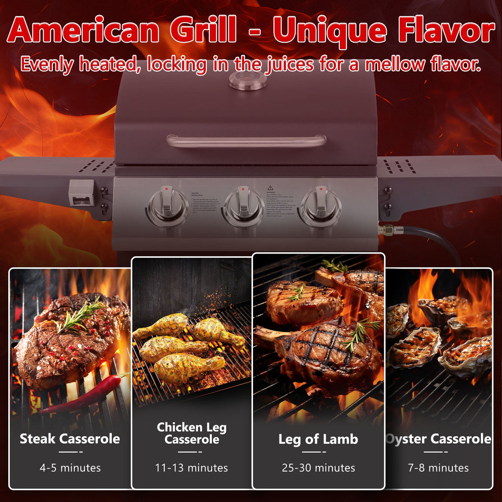 30000 BTU Gas Grill with 4 Universal Wheels, 3 Burners Outdoor BBQ Grill with Steel Brush & Thermometer for Outdoor Camping Gas Grills