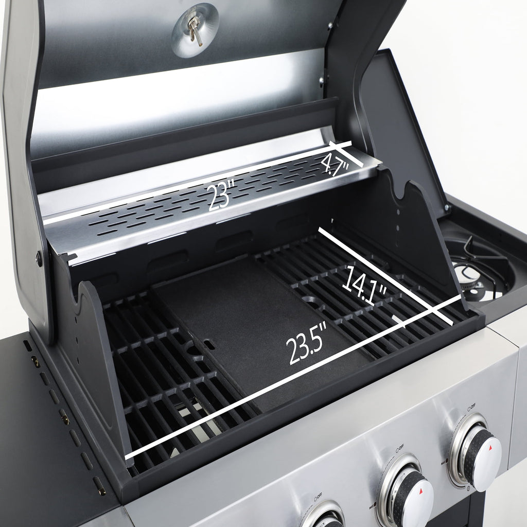 Stainless Steel Portable 4-Burner Propane Gas Grill, 46790BTU Output with bottle opener and 2pcs hooks, Stainless Steel for Outdoor Barbecue HZWDD