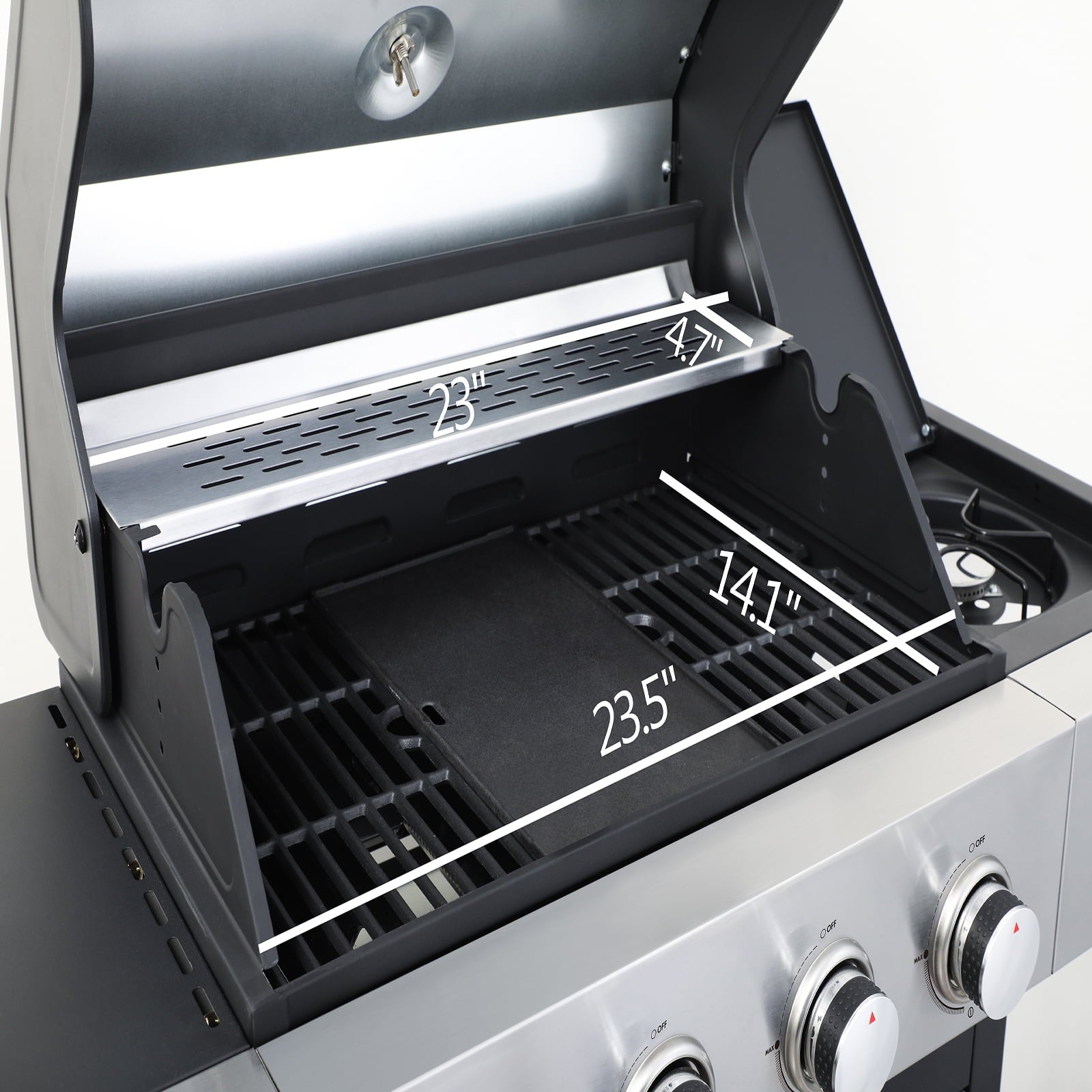 Stainless Steel Portable 4-Burner Propane Gas Grill, 46790BTU Output with bottle opener and 2pcs hooks, Stainless Steel for Outdoor Barbecue HZWDD