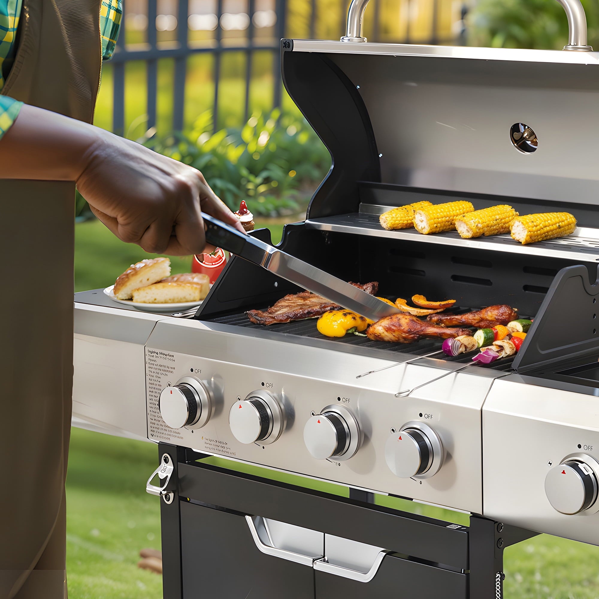 Gas Grill, Enyopro Propane Gas Grill, 4 Burner Stainless Steel BBQ Grill with Side Burner and Cover, 4 Universal Wheels for Outdoor Patio Garden Gas Grills