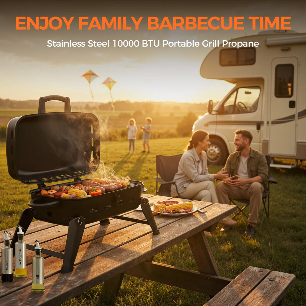 MASTER COOK Portable Gas Grill, 10,000 BTU Outdoor Tabletop BBQ Propane Grill with Foldable Legs for  RV, Camping Master Cook