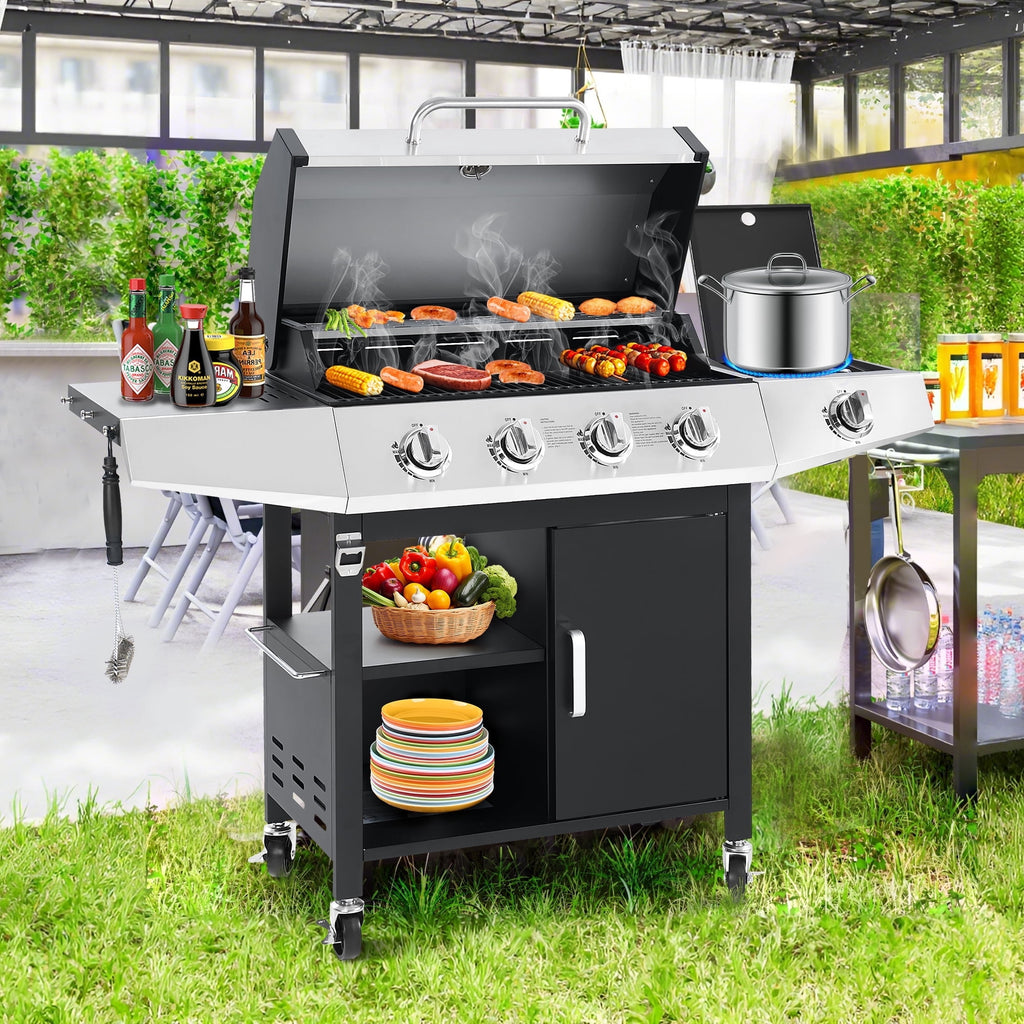 4-Burner BBQ Grill W/Side Burner, 50,000BTU Gas Propane Grill Portable with Storage Cabinet, Heavy-Duty Stainless Steel Outdoor Cooking, with Tank Hook, Towel Rack, Steel Brush Gas Grills