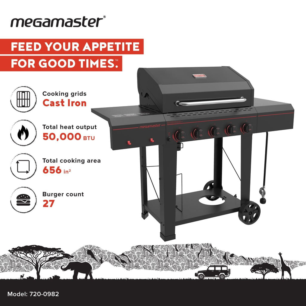 Megamaster 5-Burner Propane Gas Grill with Side Tables, Accessory Hooks, 50,000 BTUs, 656 SQ. In. Cooking Space, 2 Wheel Transport, Outdoor Kitchen Grill for BBQs, Backyards, and More - 720-0982 Gas Grills